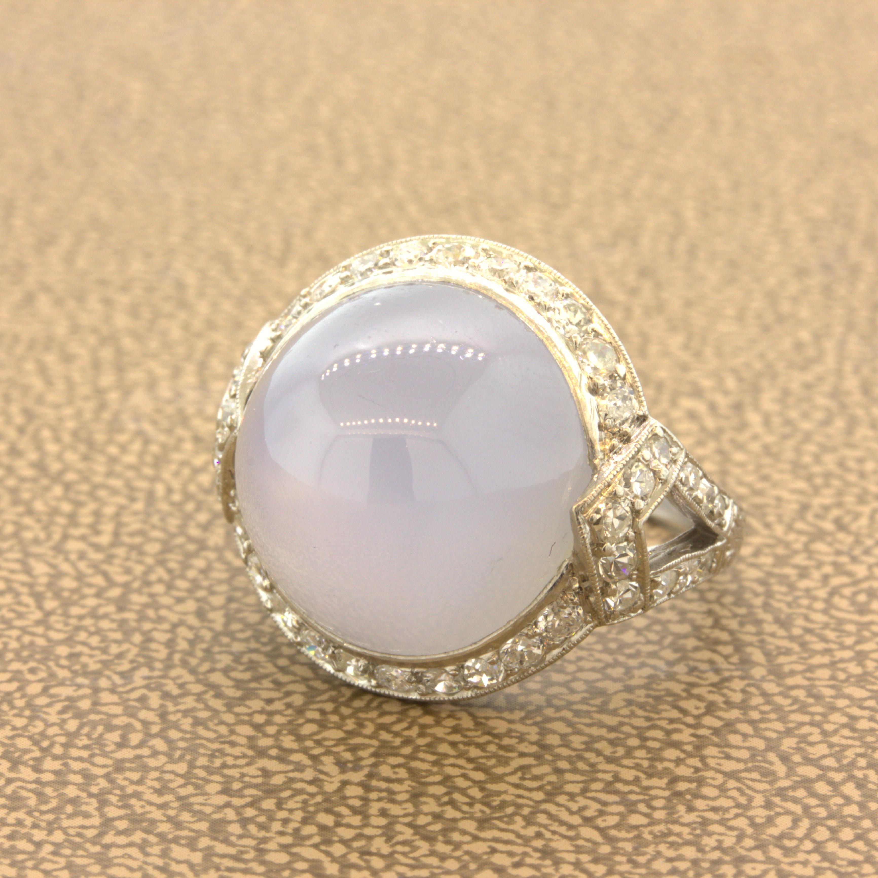 An original Art Deco treasure from the 1930’s featuring a fine star sapphire. The sapphire weighs approximately 20 carats and has an even light blue color along with a stone 6-rayed star. It is complemented by European-cut diamonds set around the