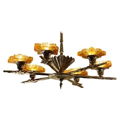 Art Deco Starburst Chandelier with Amber Shades Zig Zag Style