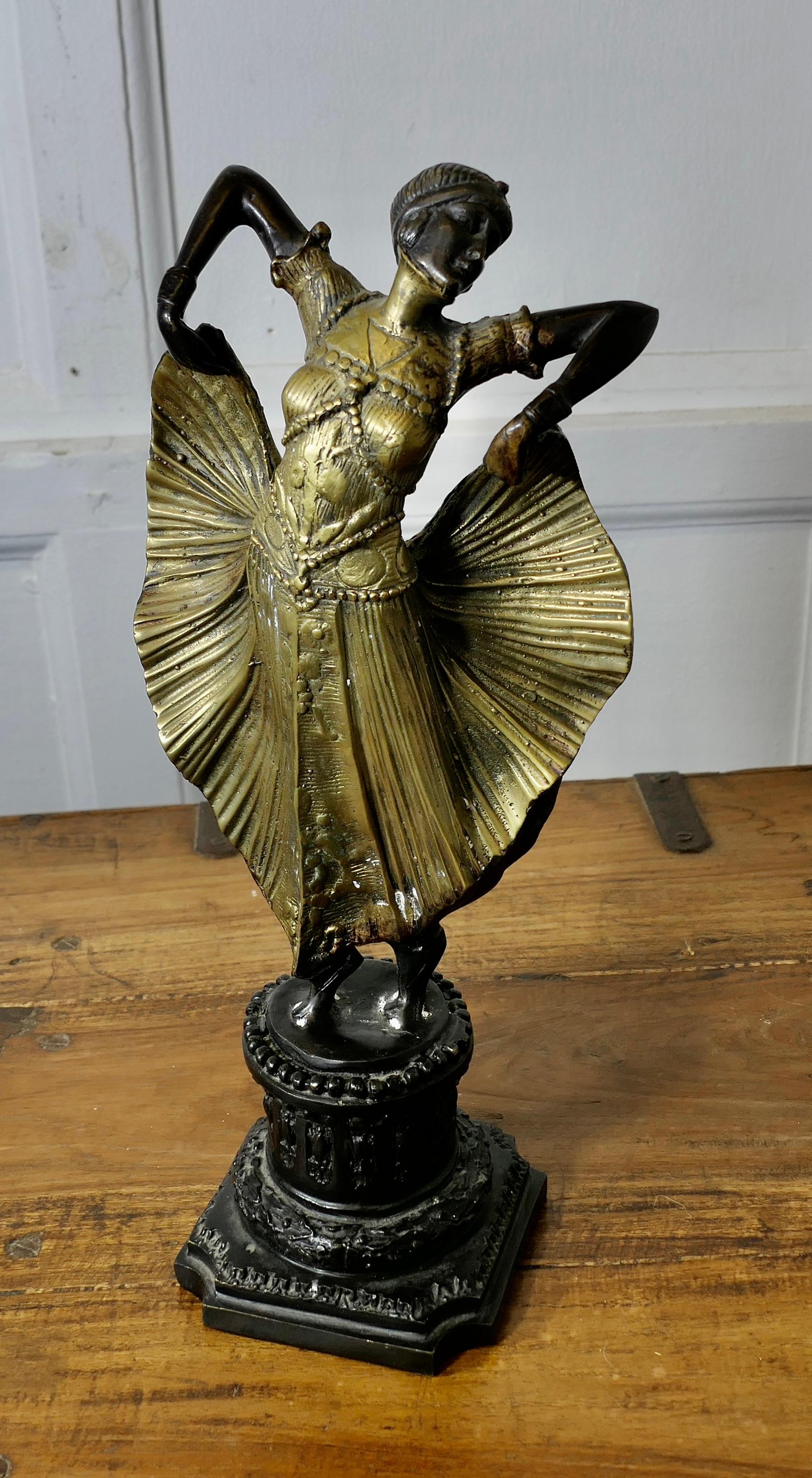 Art Deco Statue of an Egyptian Dancer after Chiparus

A very popular subject, and a very attractive piece, our dancer is made in spelter and her stunning dress is cold painted in Gold
She is 14” tall and about 6” across
ZX754