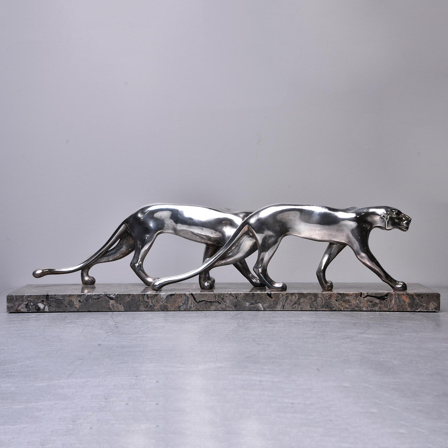 French Art Deco Statue of Two Panthers with Marble Base