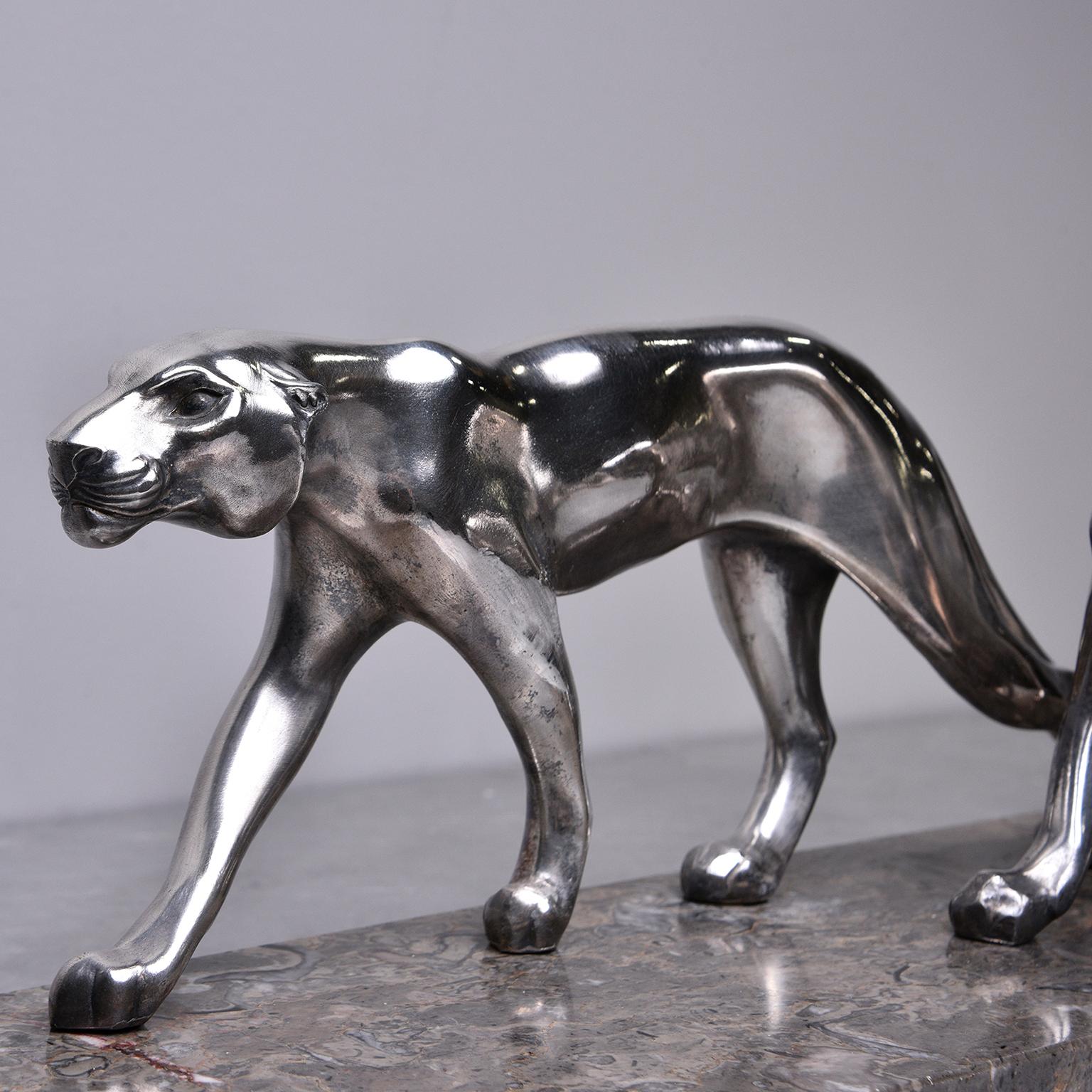 Cast Art Deco Statue of Two Panthers with Marble Base