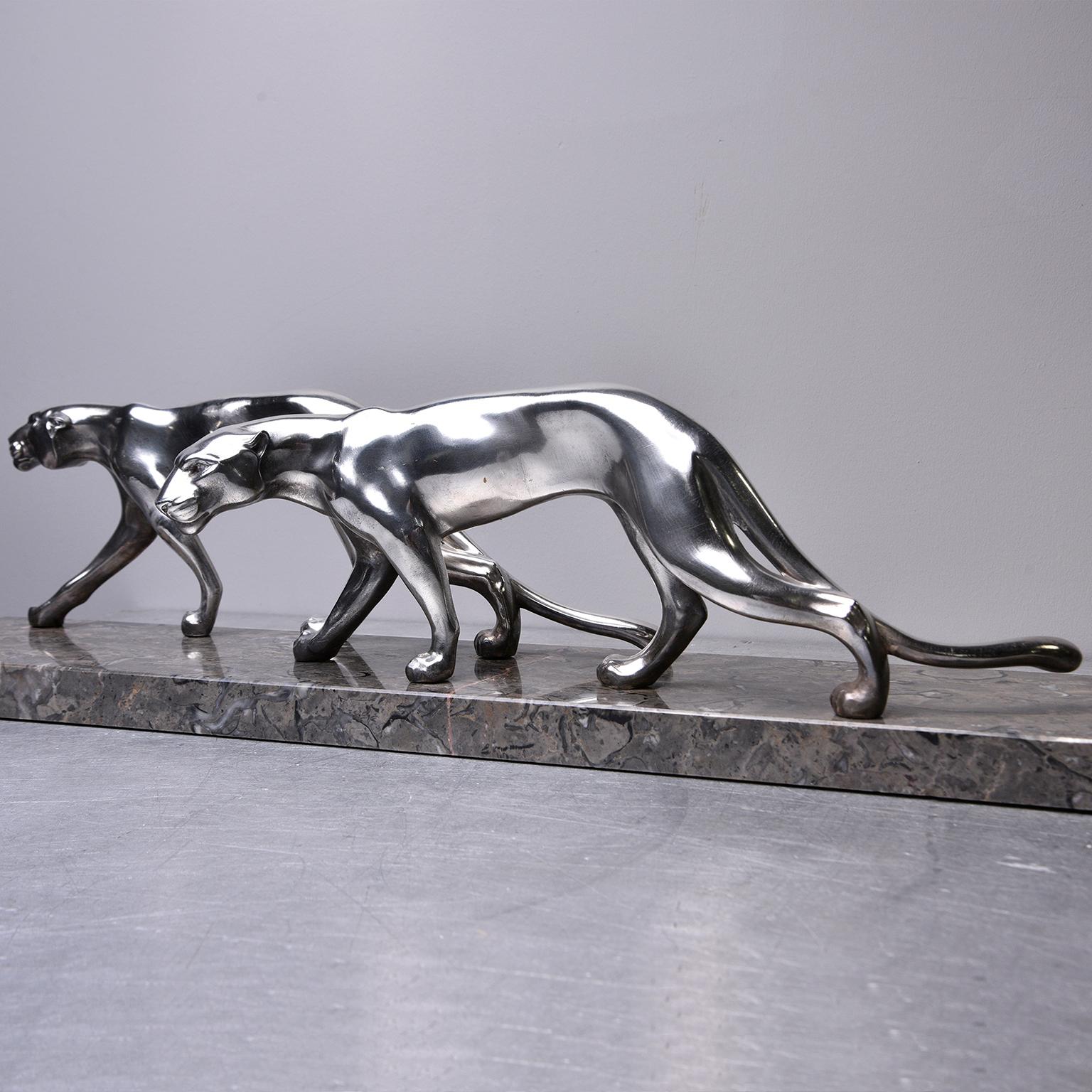 20th Century Art Deco Statue of Two Panthers with Marble Base