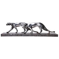 Art Deco Statue of Two Panthers with Marble Base
