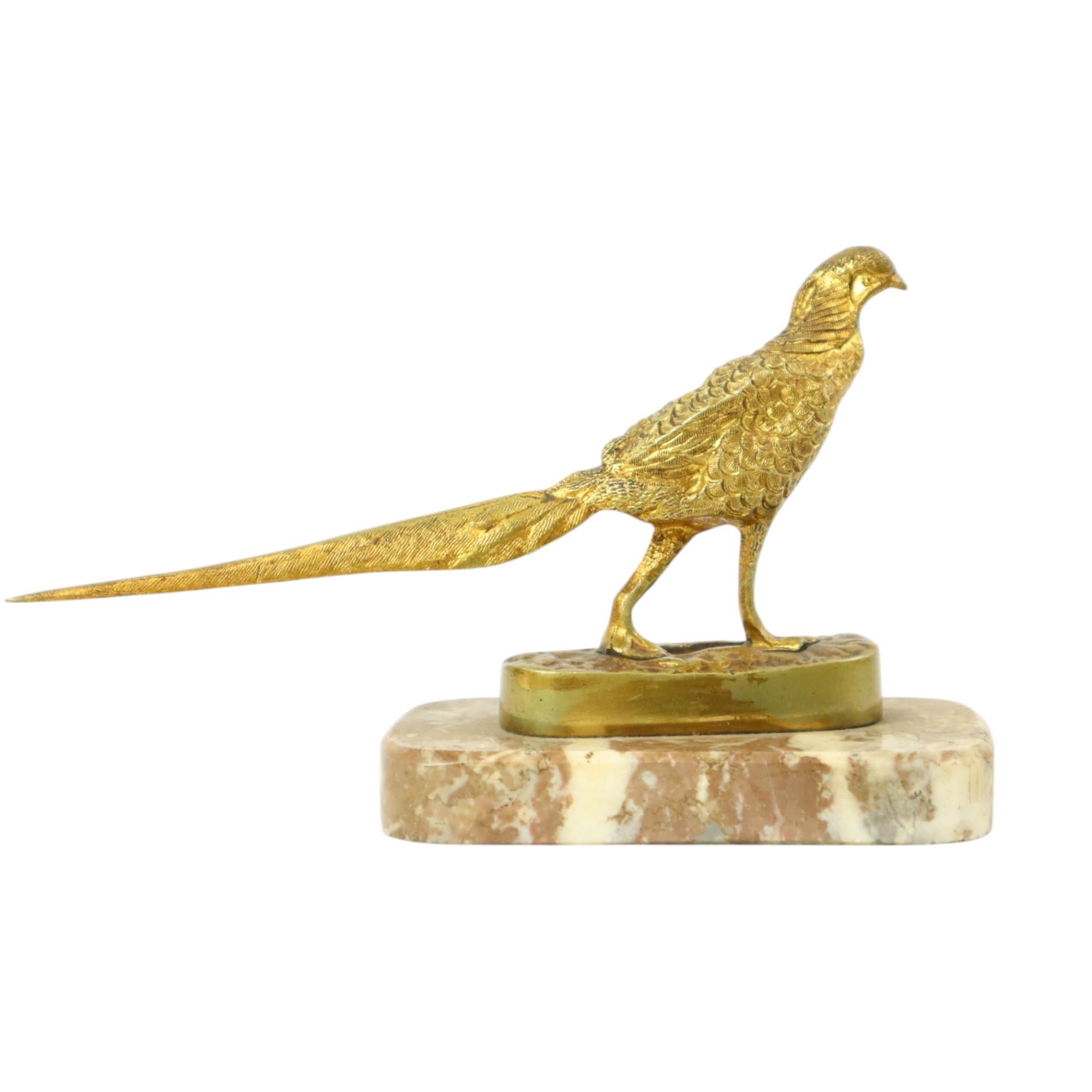Belga Statua Art Deco Fagiano Scultura Bronzo Dorato Marmo 1920s in vendita