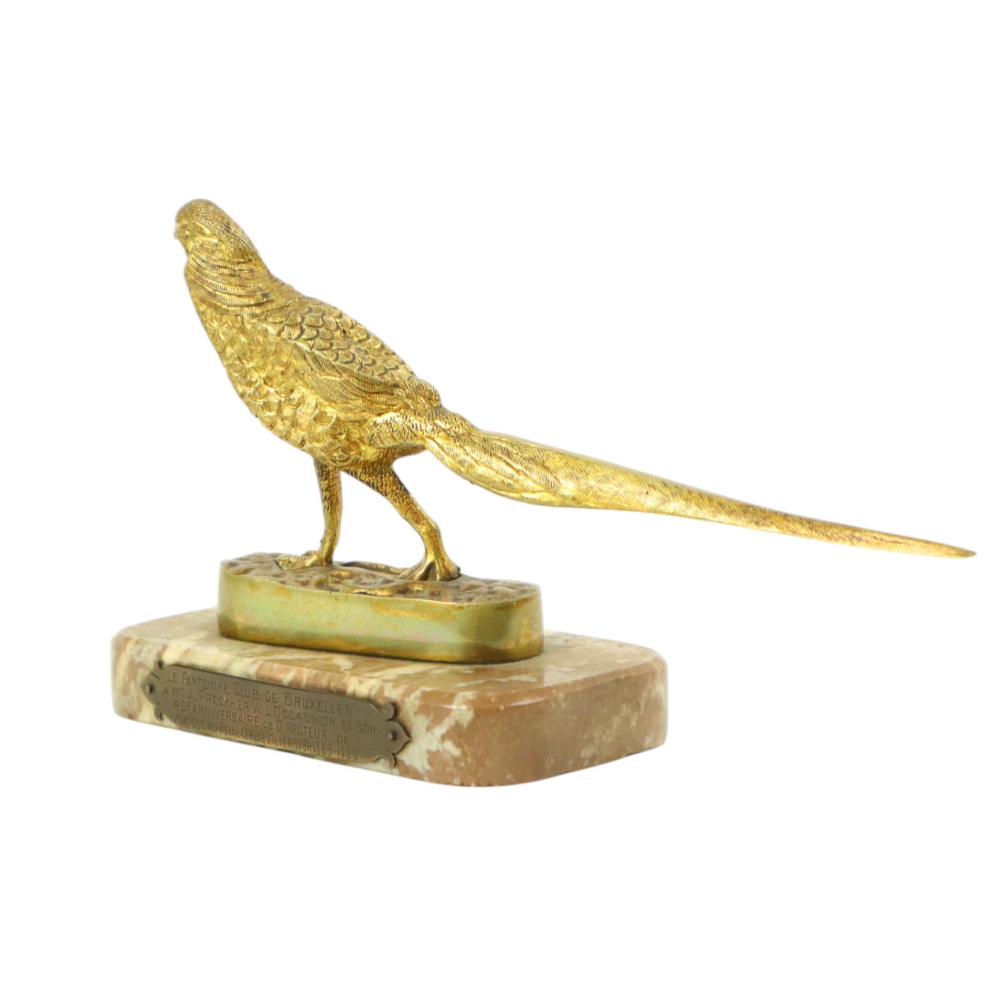 XX secolo Statua Art Deco Fagiano Scultura Bronzo Dorato Marmo 1920s in vendita