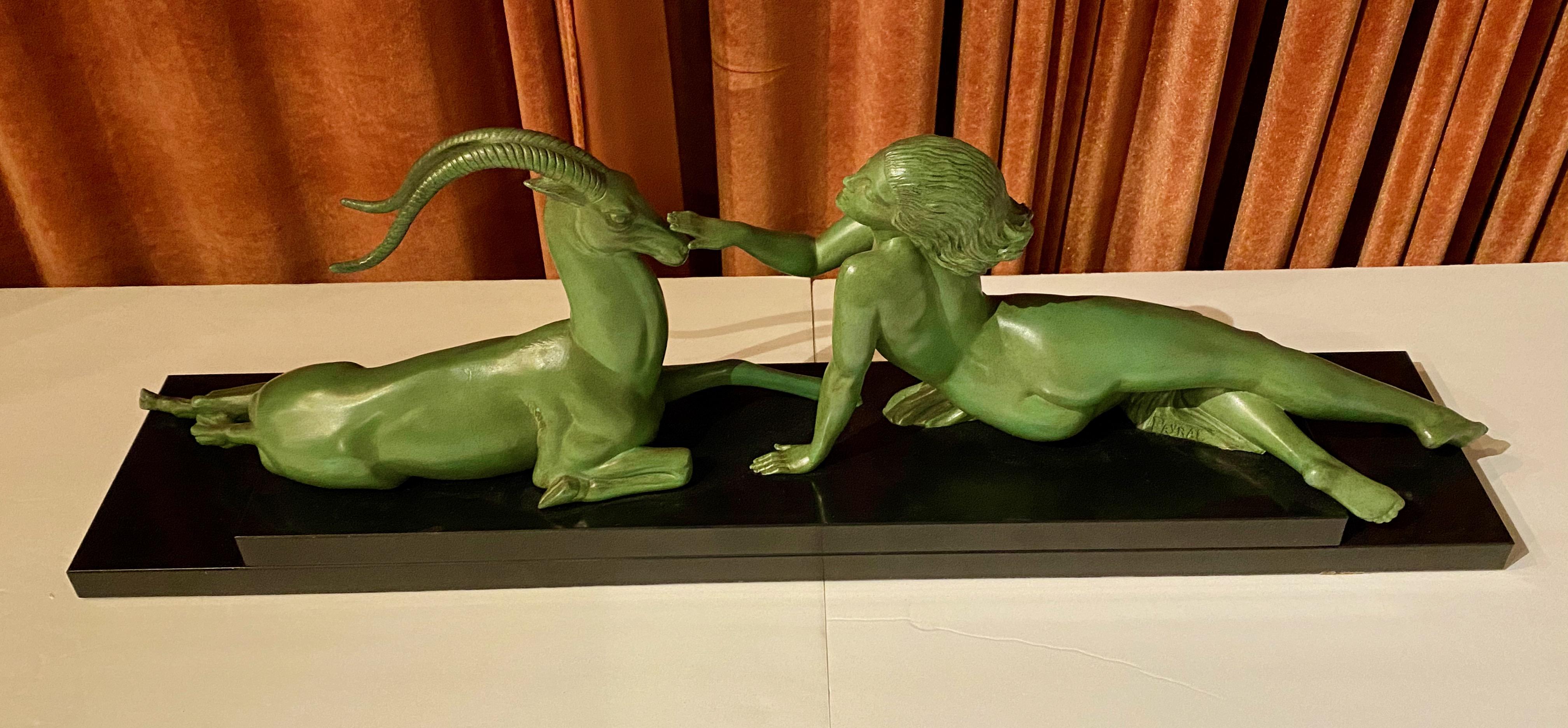 Original Max Leverrier edition of Pierre Le Faguays famous sculpture “Seduction”. Original patina in excellent condition. Fayral signature (Pseudonym of Pierre Le Faguays), circa 1930s. The emblematic Art Deco image of the woman and the gazelle