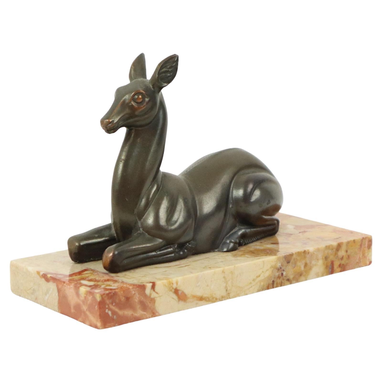 Art Deco Statue Spelter Metal On Marble Deer Doe 1930s