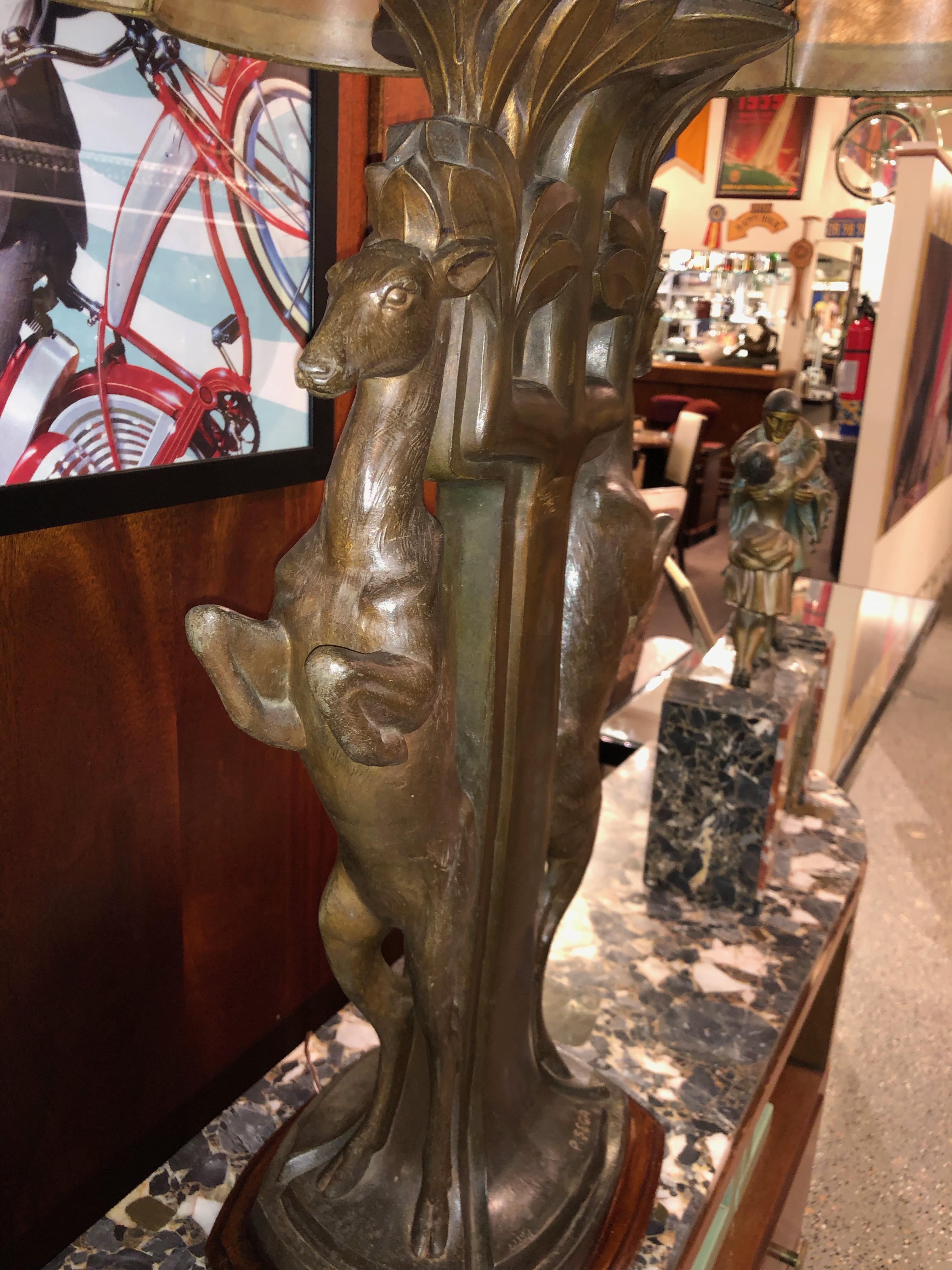 Art Deco Statue Table Lamp Gazelles French by P. Sega In Fair Condition In Oakland, CA