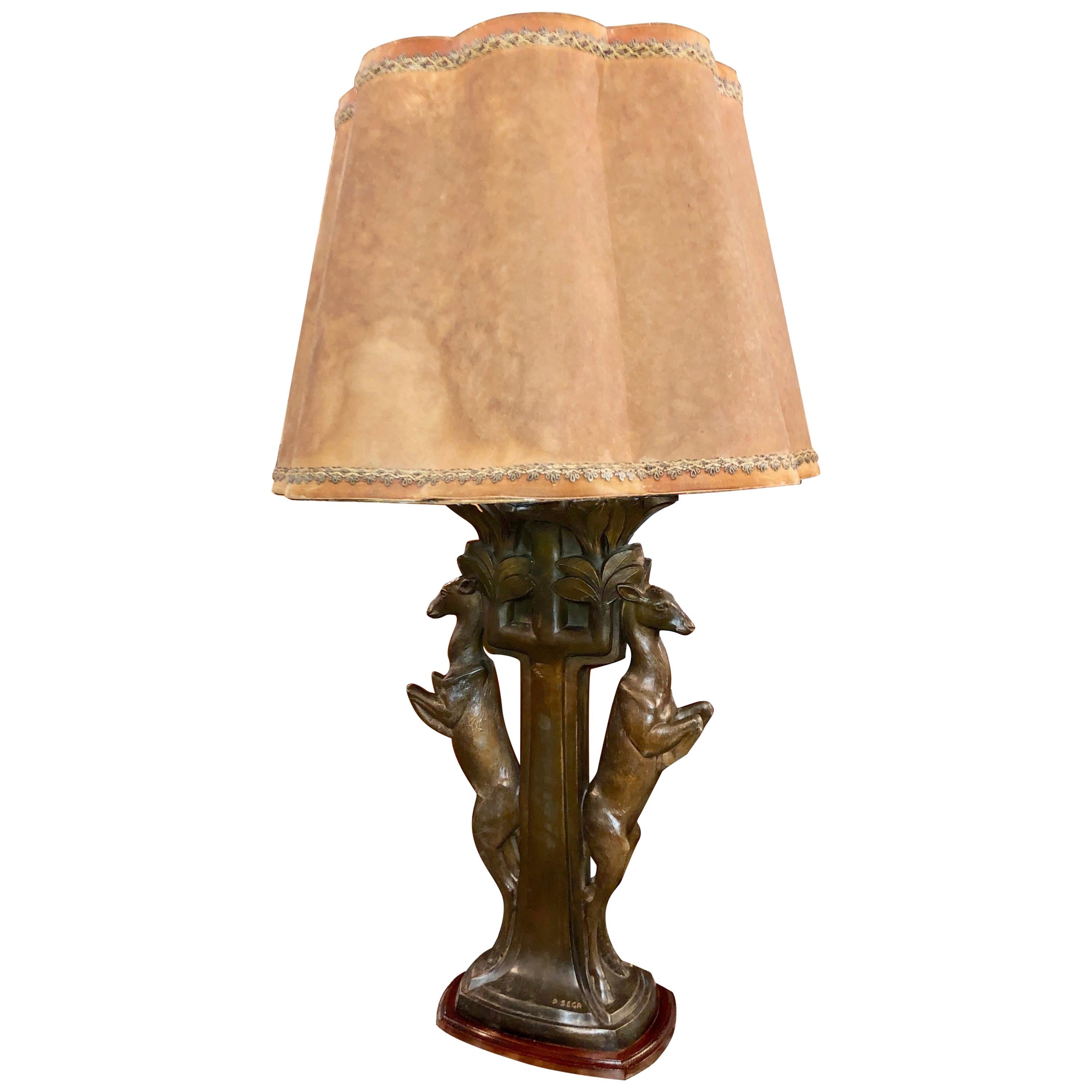 Art Deco Statue Table Lamp Gazelles French by P. Sega