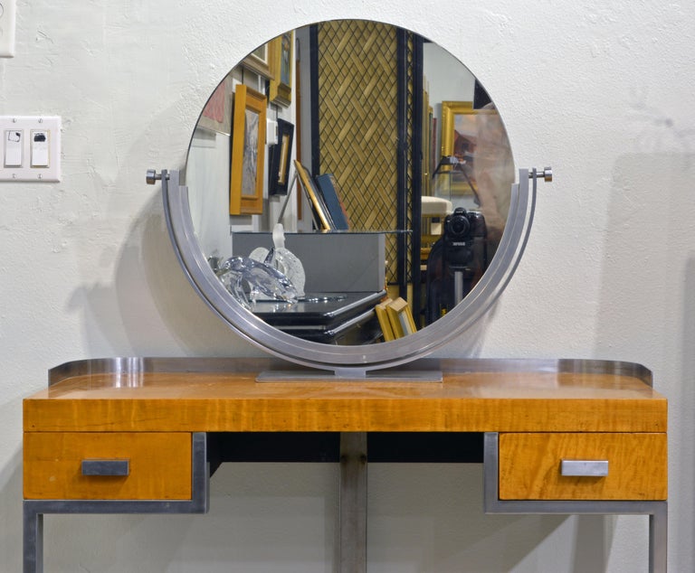 Art Deco Steel and Maple Vanity Desk and Mirror in the Manner of Donald