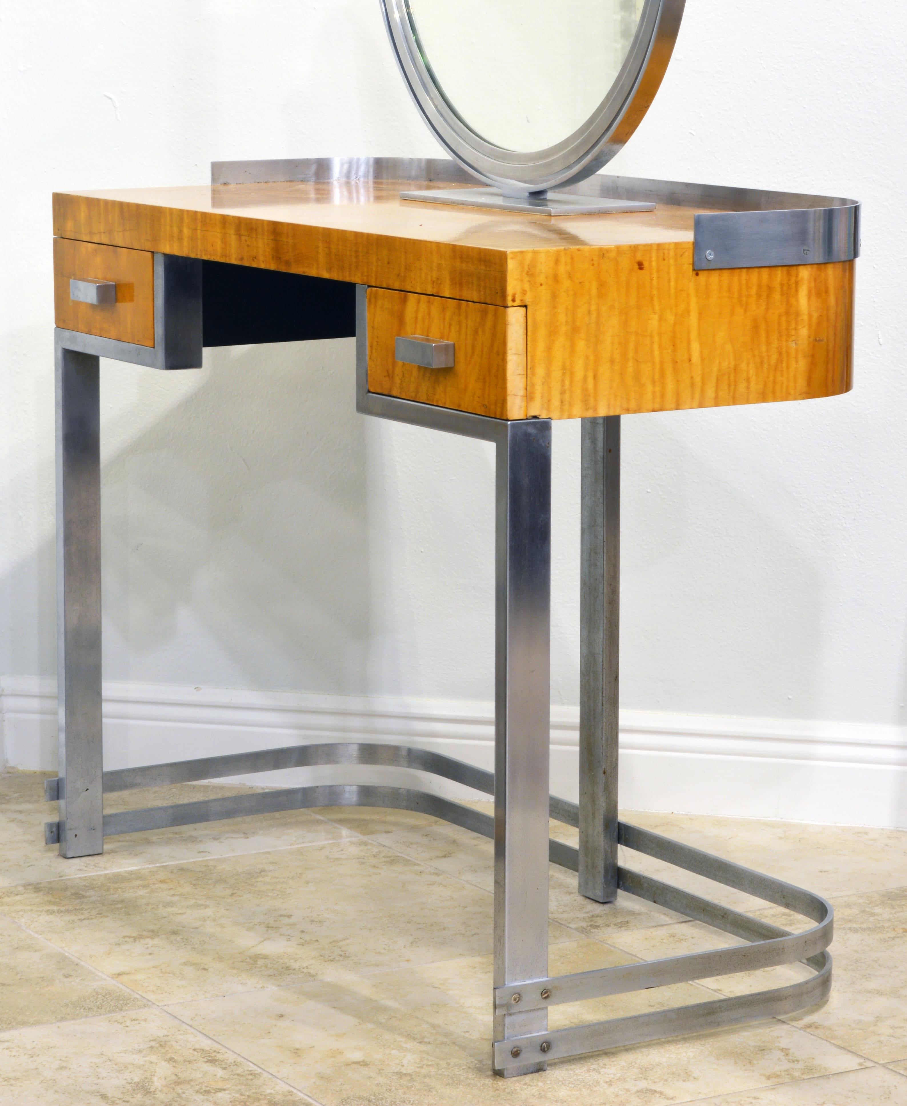 Veneer Art Deco Steel and Maple Vanity Desk and Mirror in the Manner of Donald Deskey