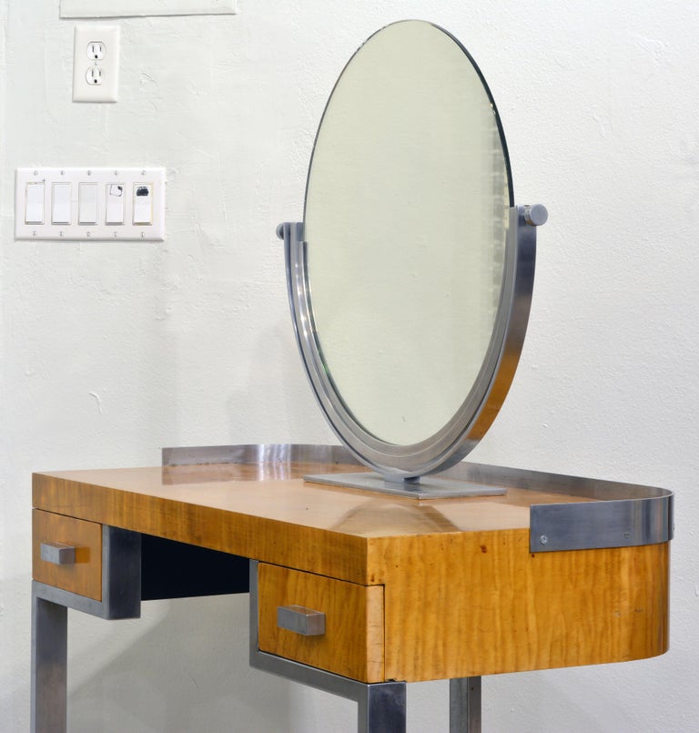 Art Deco Steel and Maple Vanity Desk and Mirror in the Manner of Donald