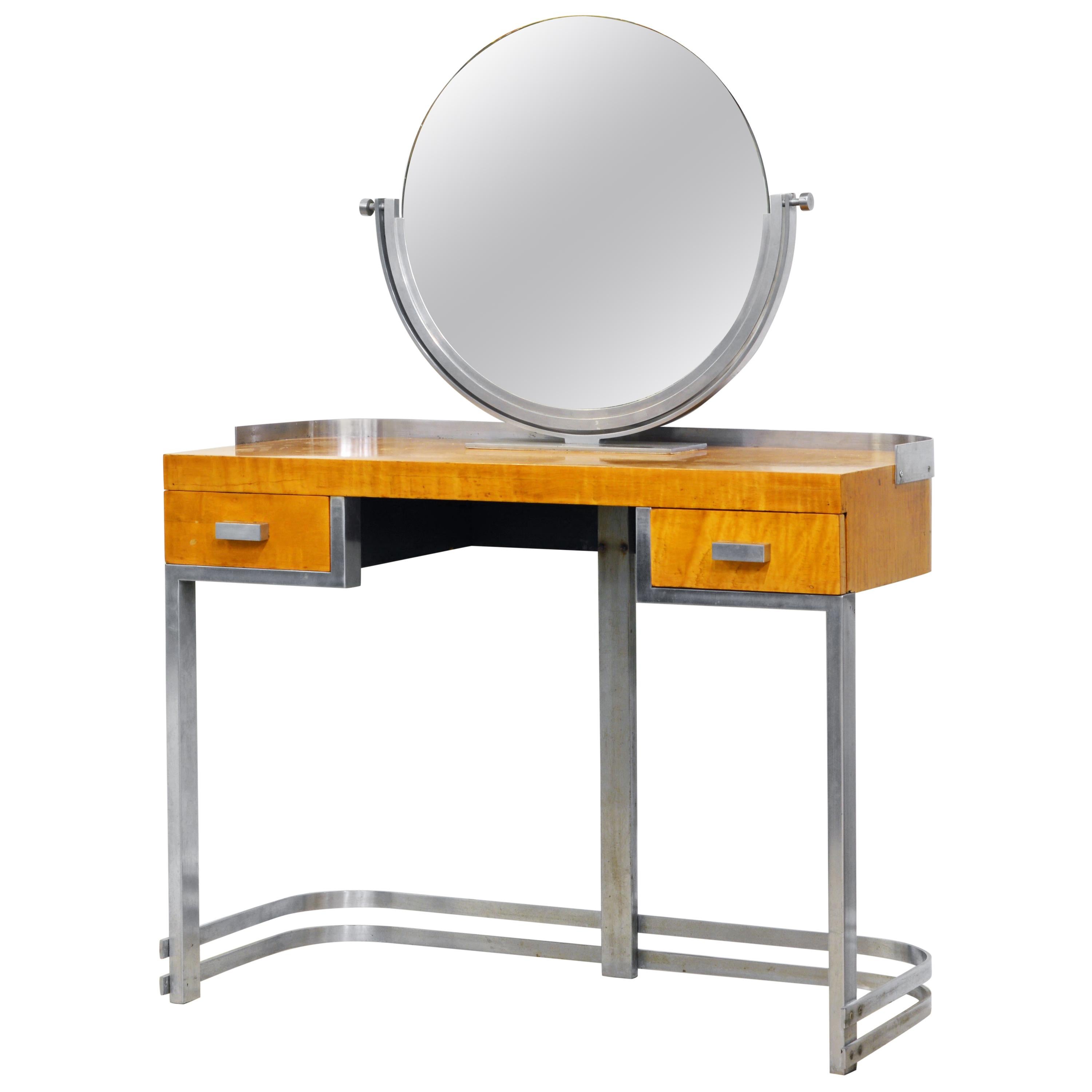 Art Deco Steel and Maple Vanity Desk and Mirror in the Manner of Donald Deskey