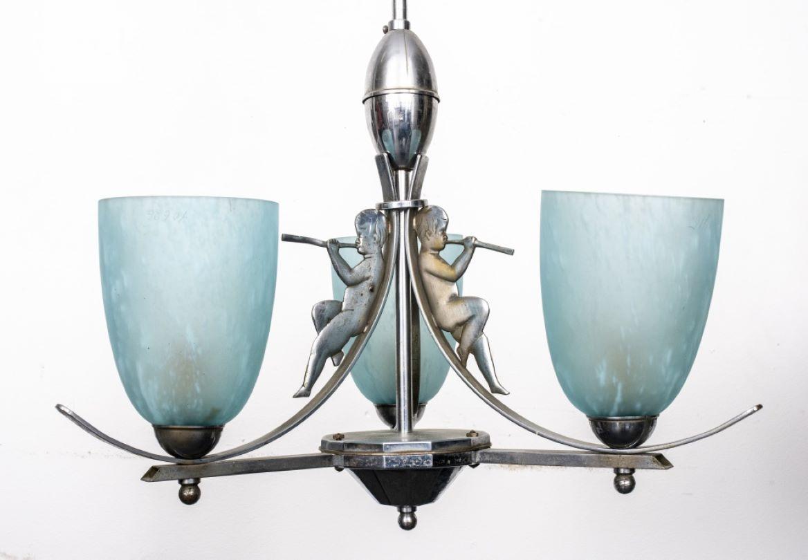 Art Deco Steel & Glass Chandelier In Good Condition For Sale In New York, NY