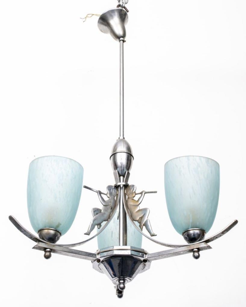 Art-Deco-Kronleuchter aus Stahl und Glas (20. Jahrhundert) im Angebot