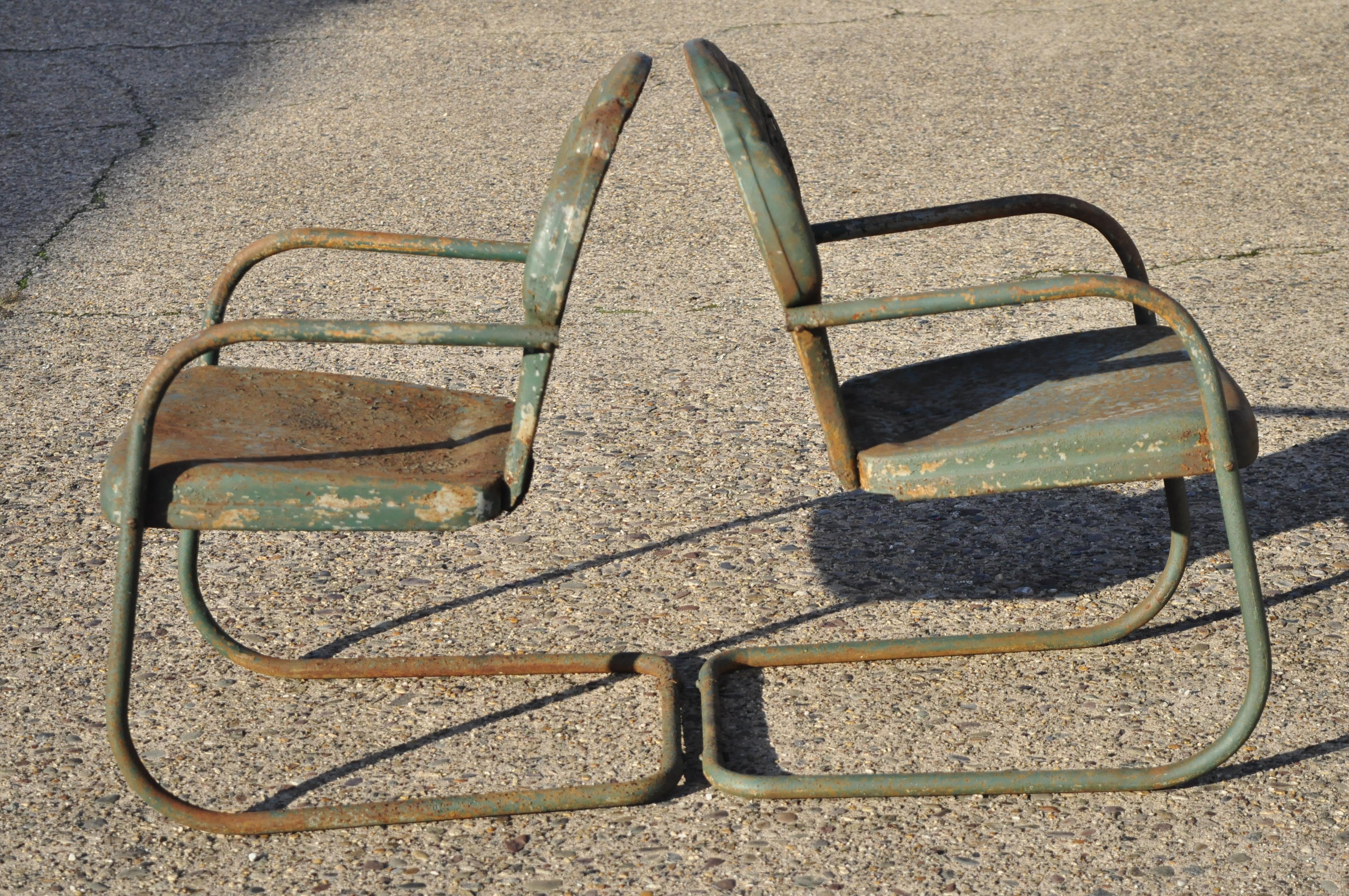 Art Deco Steel Metal Clam Shell Back Green Patio Bouncer Lounge Chairs, a Pair 2