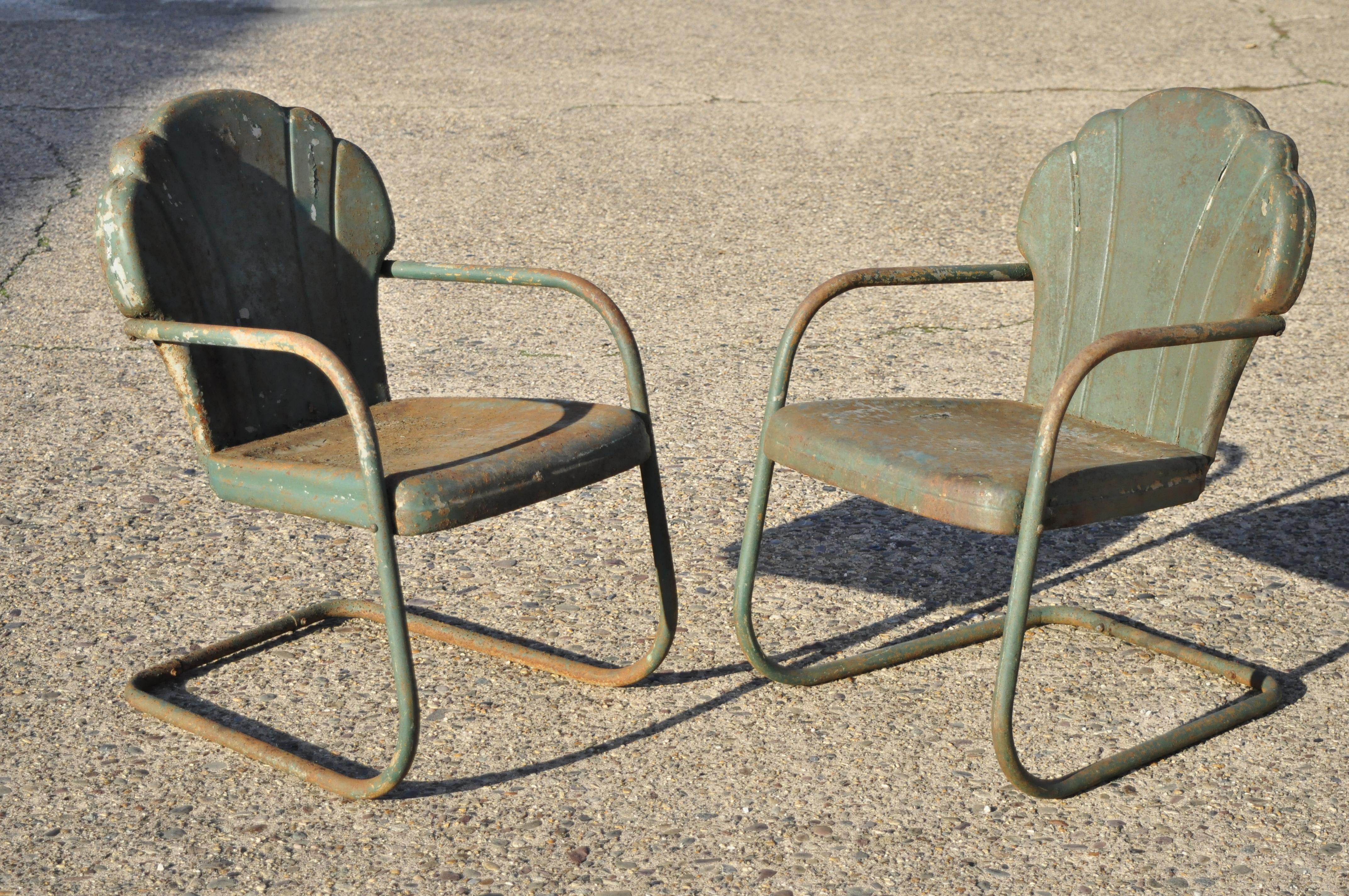 Art Deco Steel Metal Clam Shell Back Green Patio Bouncer Lounge Chairs, a Pair 4