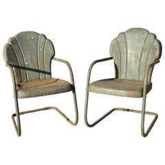 Art Deco Steel Metal Clam Shell Back Green Patio Bouncer Lounge Chairs, a Pair