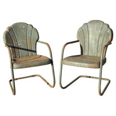 Art Deco Steel Metal Clam Shell Back Green Patio Bouncer Lounge Chairs, a Pair