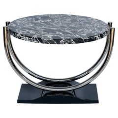 Art Deco Steel Tube Side Table with Round Marble Top And Black Lacquer Base
