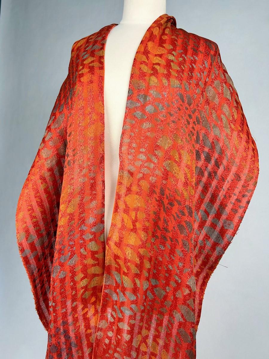 Orange Art Deco stencil-printed linen and raffia scarf - France Circa 1925 For Sale