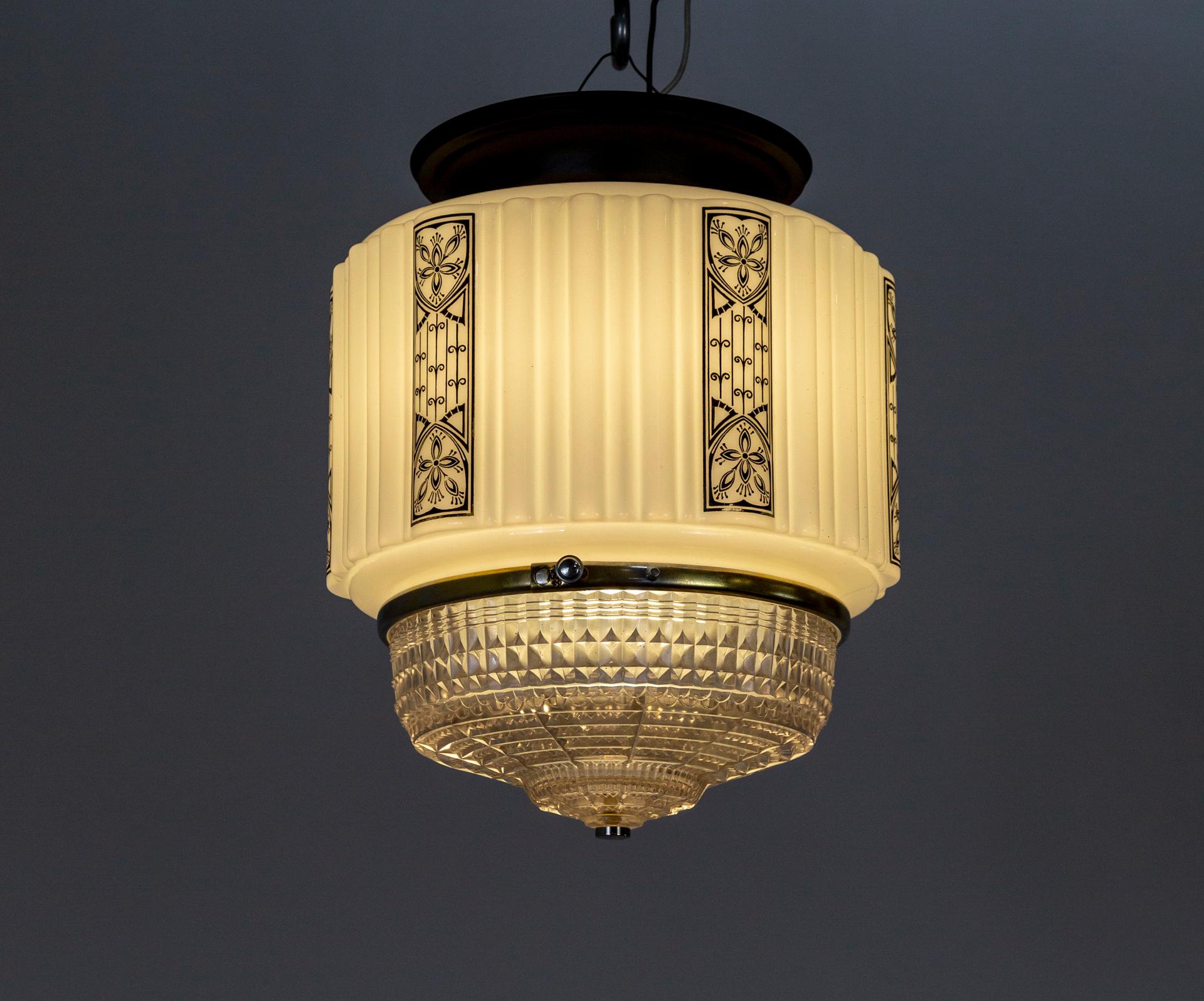 Art Deco Stenciled Milk & Molded Glass Ceiling Light In Good Condition In San Francisco, CA