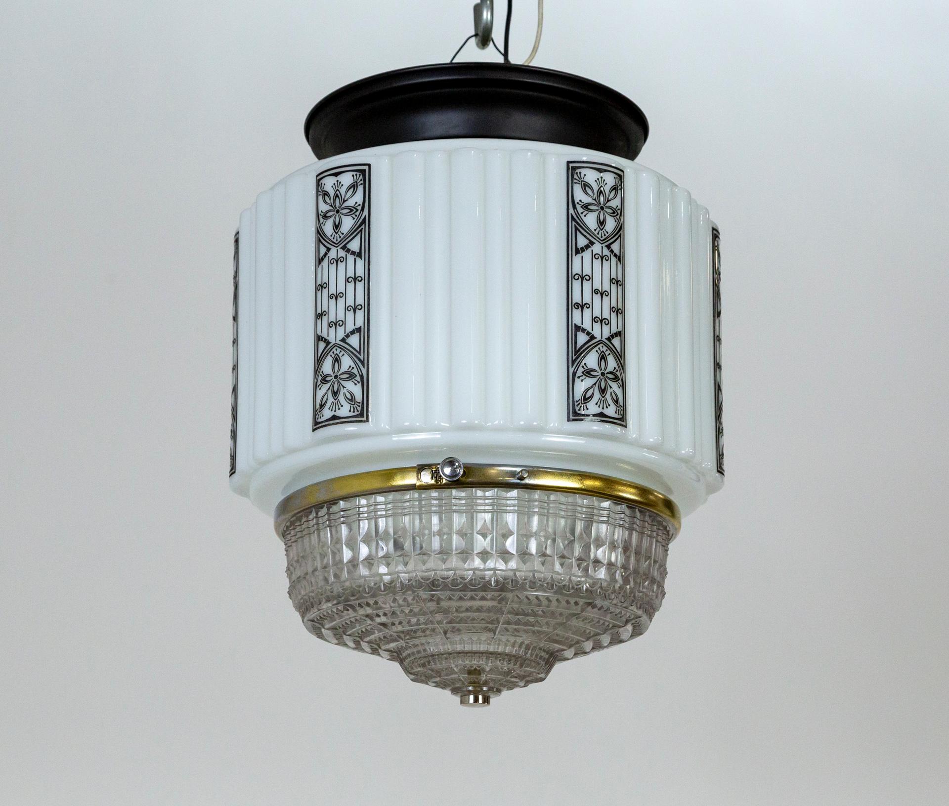 Art Deco Stenciled Milk & Molded Glass Ceiling Light 1