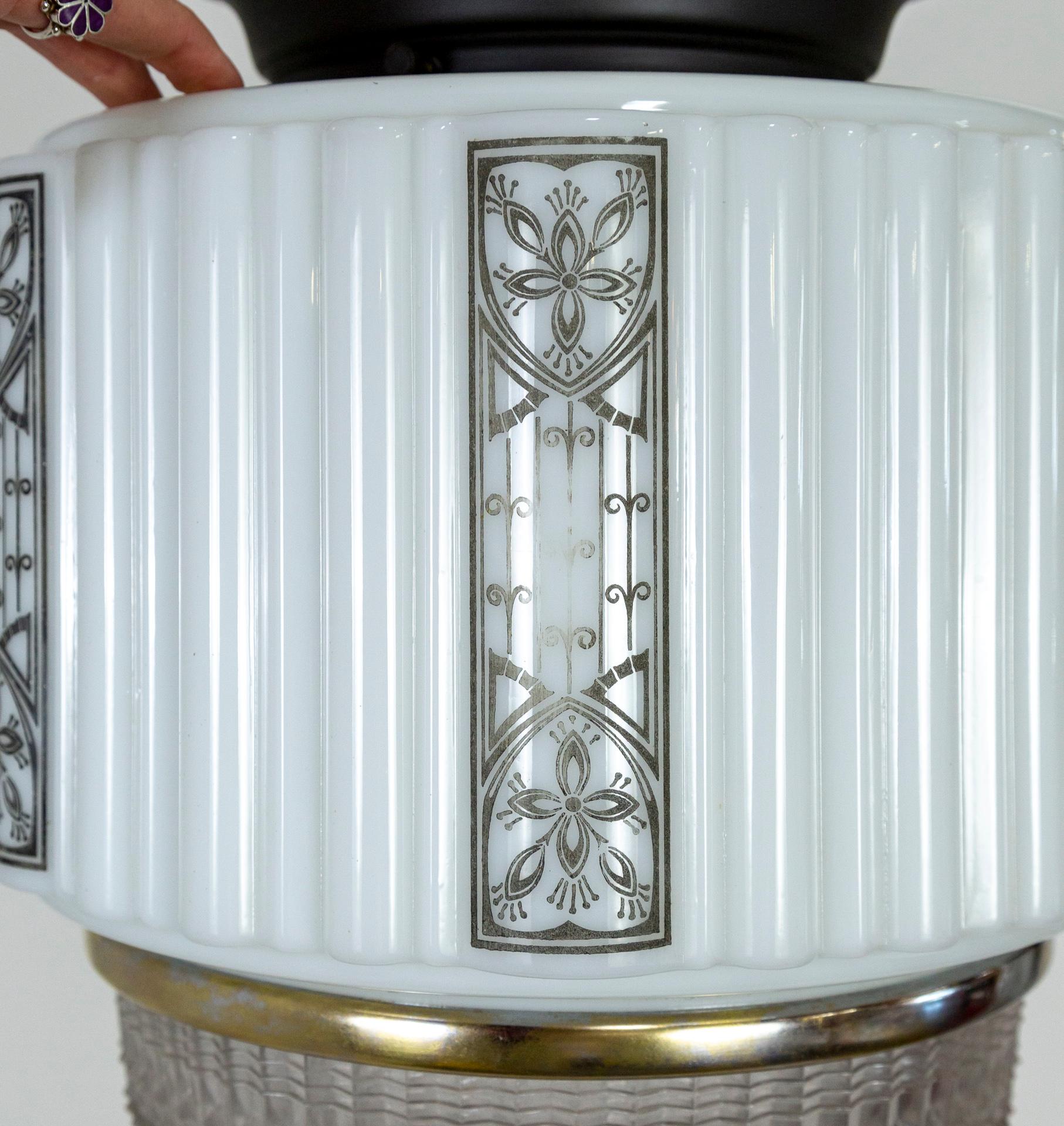 Art Deco Stenciled Milk & Molded Glass Ceiling Light 5