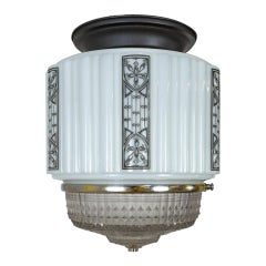 Antique Art Deco Stenciled Milk & Molded Glass Ceiling Light