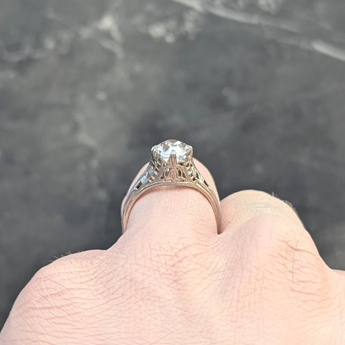 Art Deco Step Cut White Garnet 14 Karat White Gold Vintage Foliate Ring 6