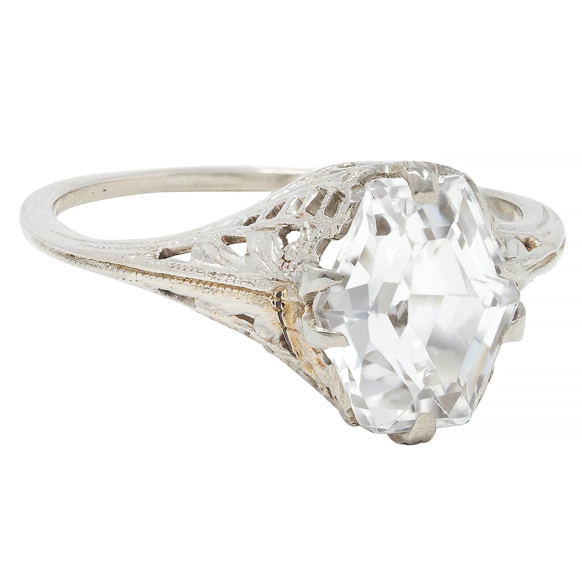 Mixed Cut Art Deco Step Cut White Garnet 14 Karat White Gold Vintage Foliate Ring