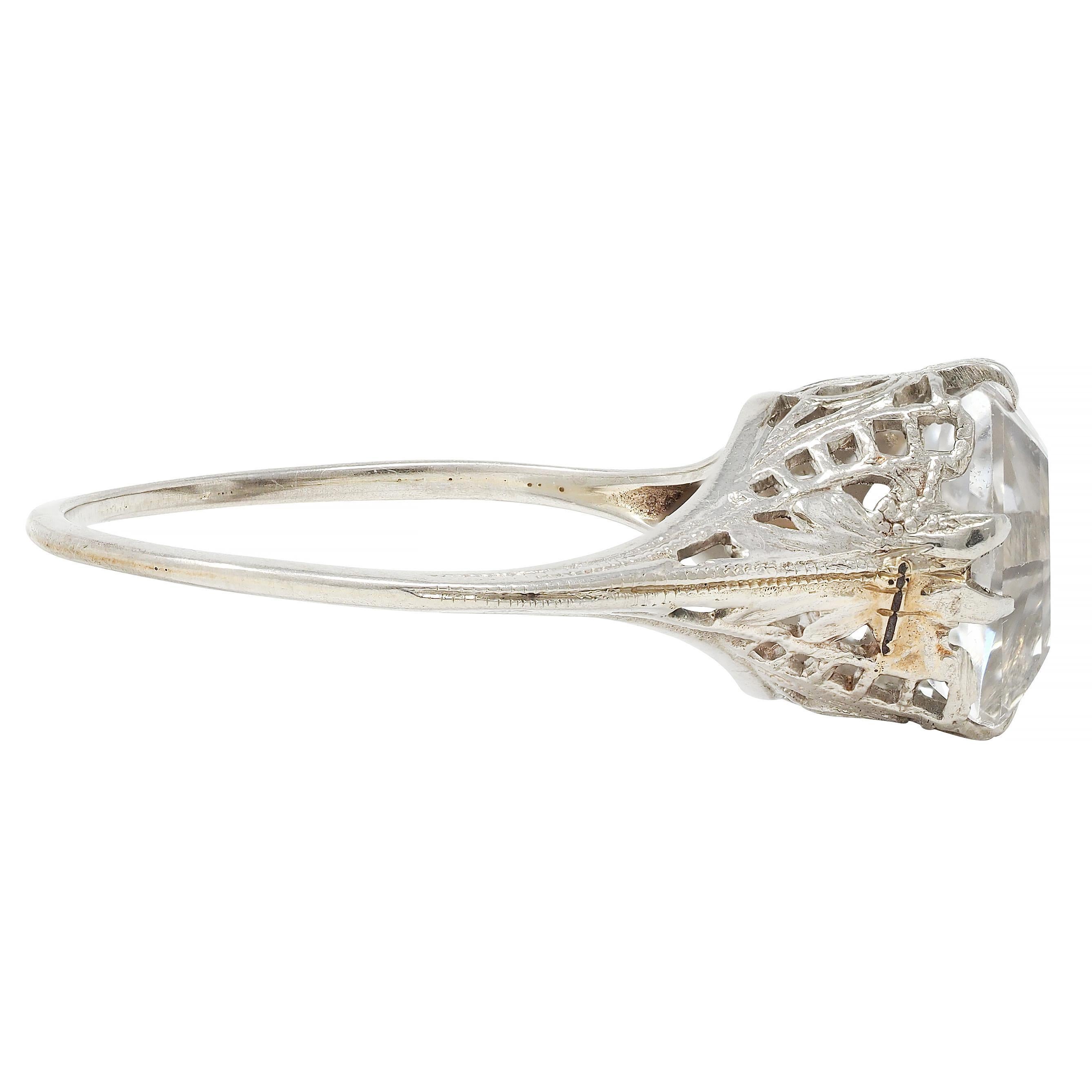 Art Deco Step Cut White Garnet 14 Karat White Gold Vintage Foliate Ring In Excellent Condition In Philadelphia, PA