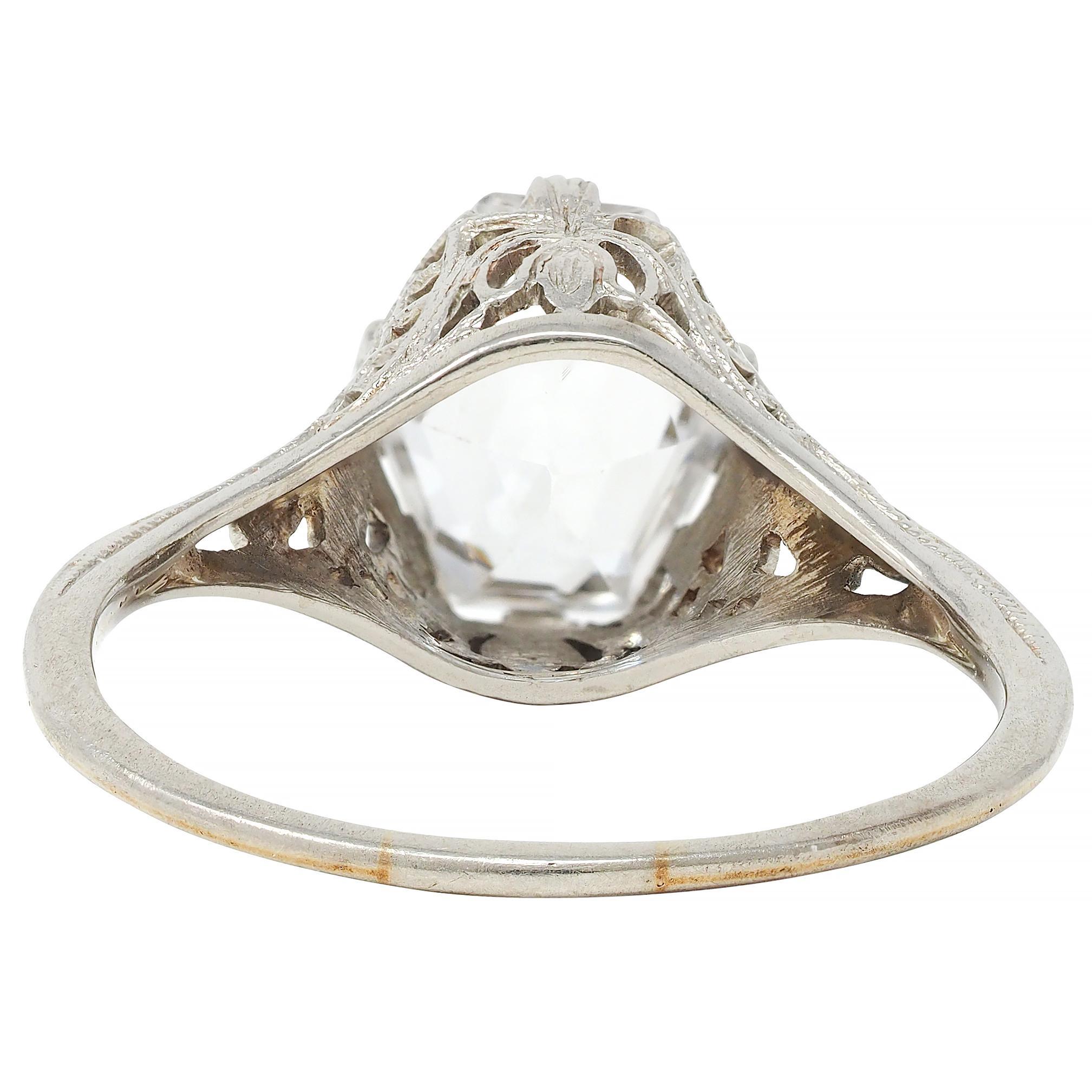 Women's or Men's Art Deco Step Cut White Garnet 14 Karat White Gold Vintage Foliate Ring