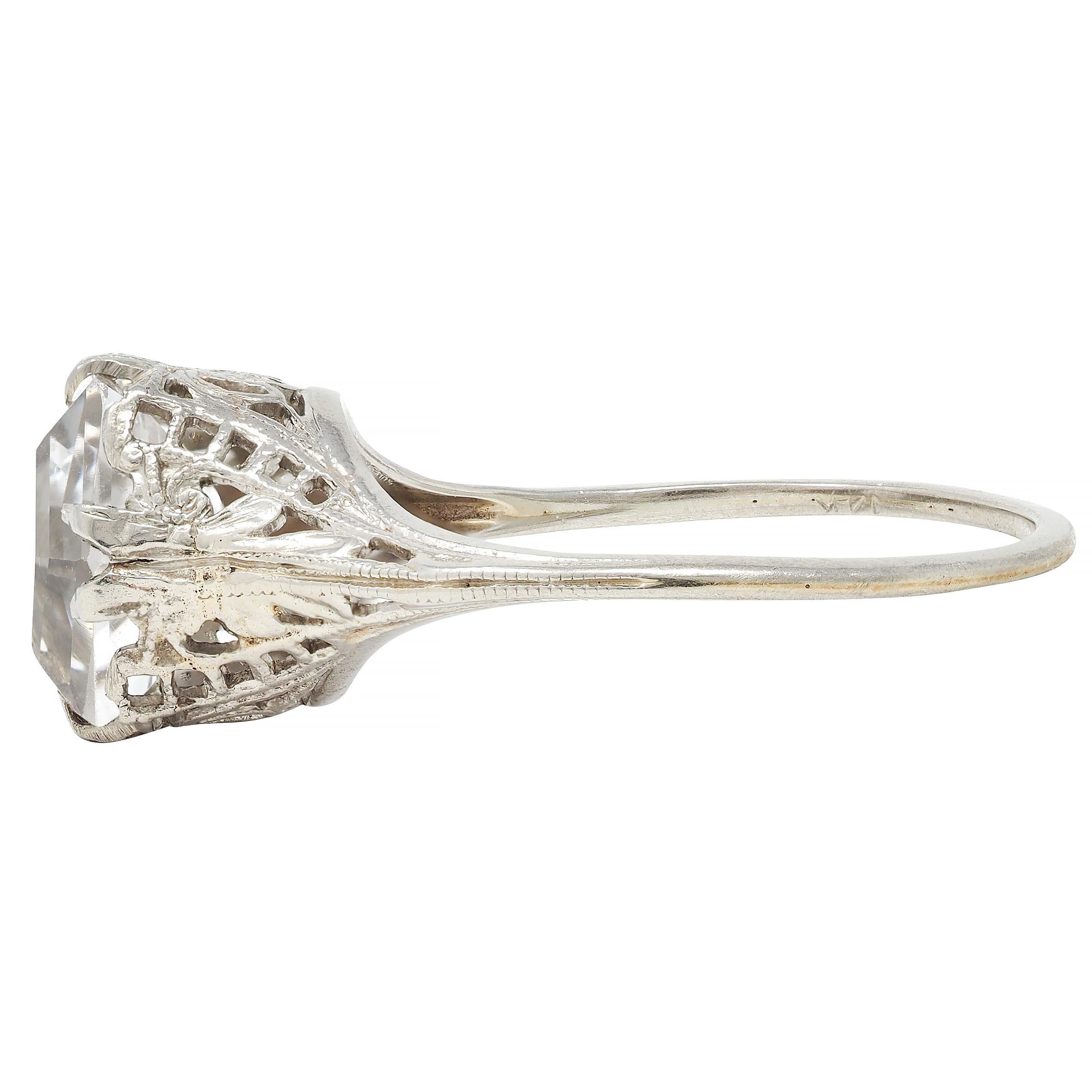 Art Deco Step Cut White Garnet 14 Karat White Gold Vintage Foliate Ring 1