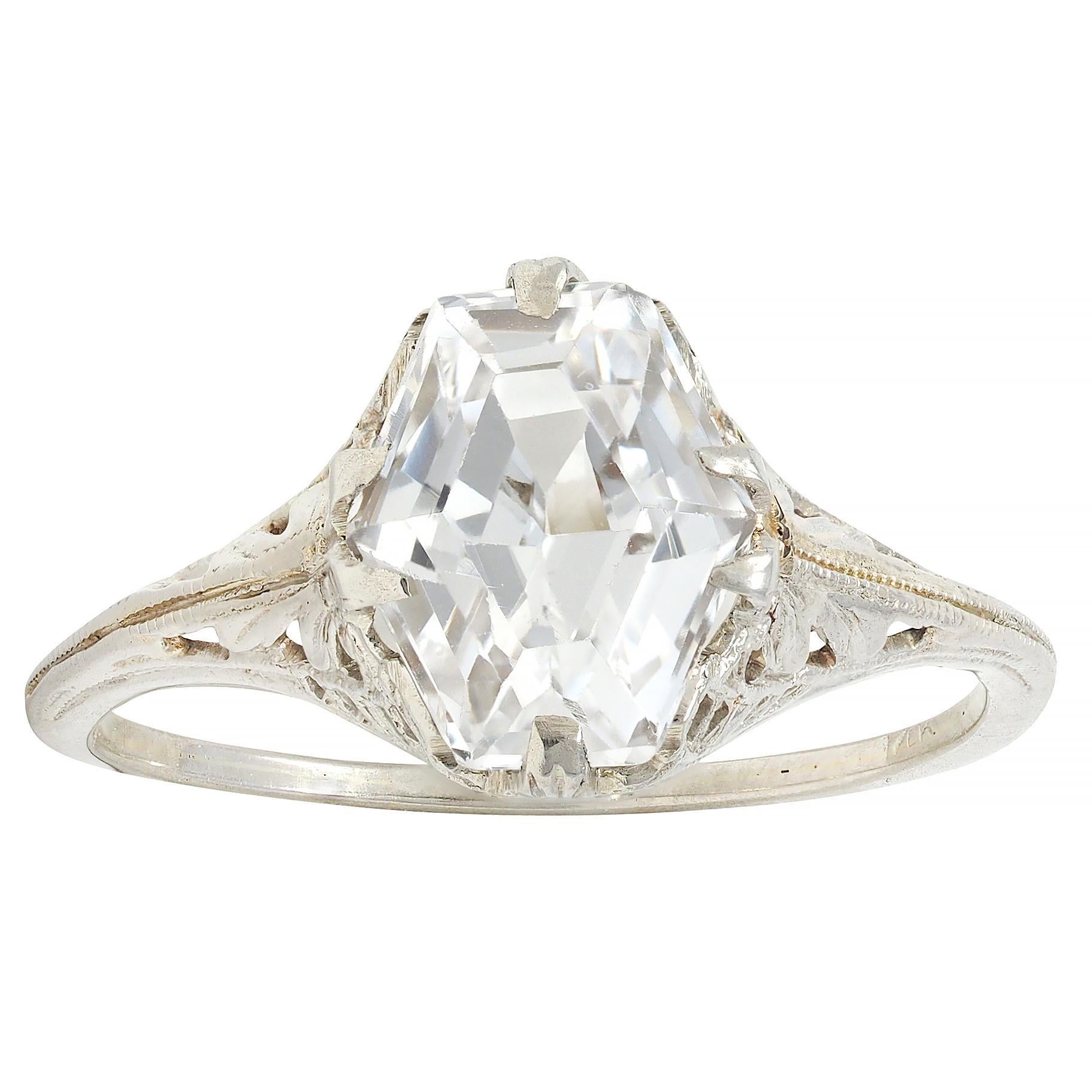 Art Deco Step Cut White Garnet 14 Karat White Gold Vintage Foliate Ring 3
