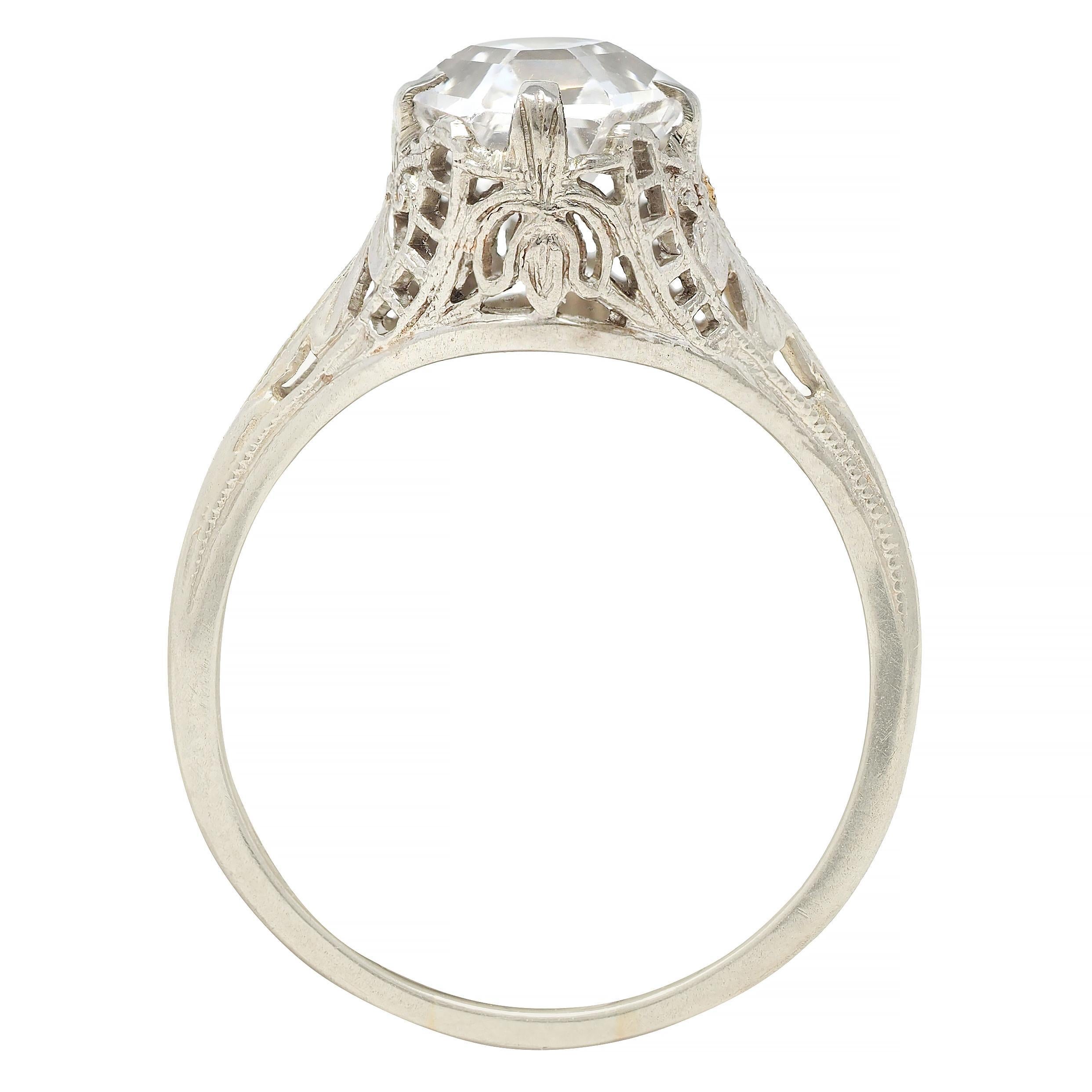 Art Deco Step Cut White Garnet 14 Karat White Gold Vintage Foliate Ring 4