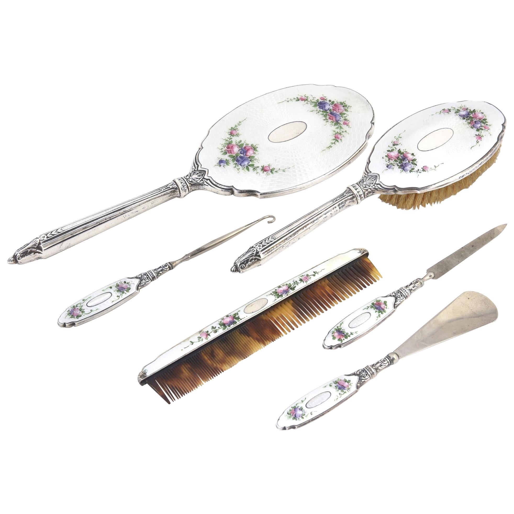 Art Deco Sterling and Enamel Floral Dresser Set, 6 Pieces by Saart Brothers For Sale