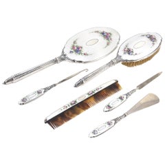 Art Deco Sterling and Enamel Floral Dresser Set, 6 Pieces by Saart Brothers