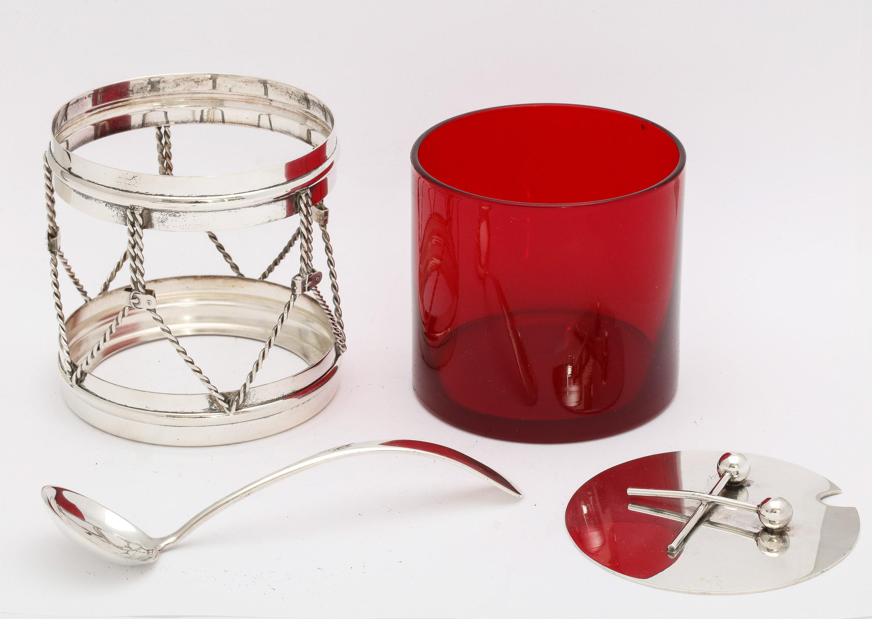 Art Deco Sterling and Ruby Glass Drum-Form Condiments Jar With Original Spoon 8