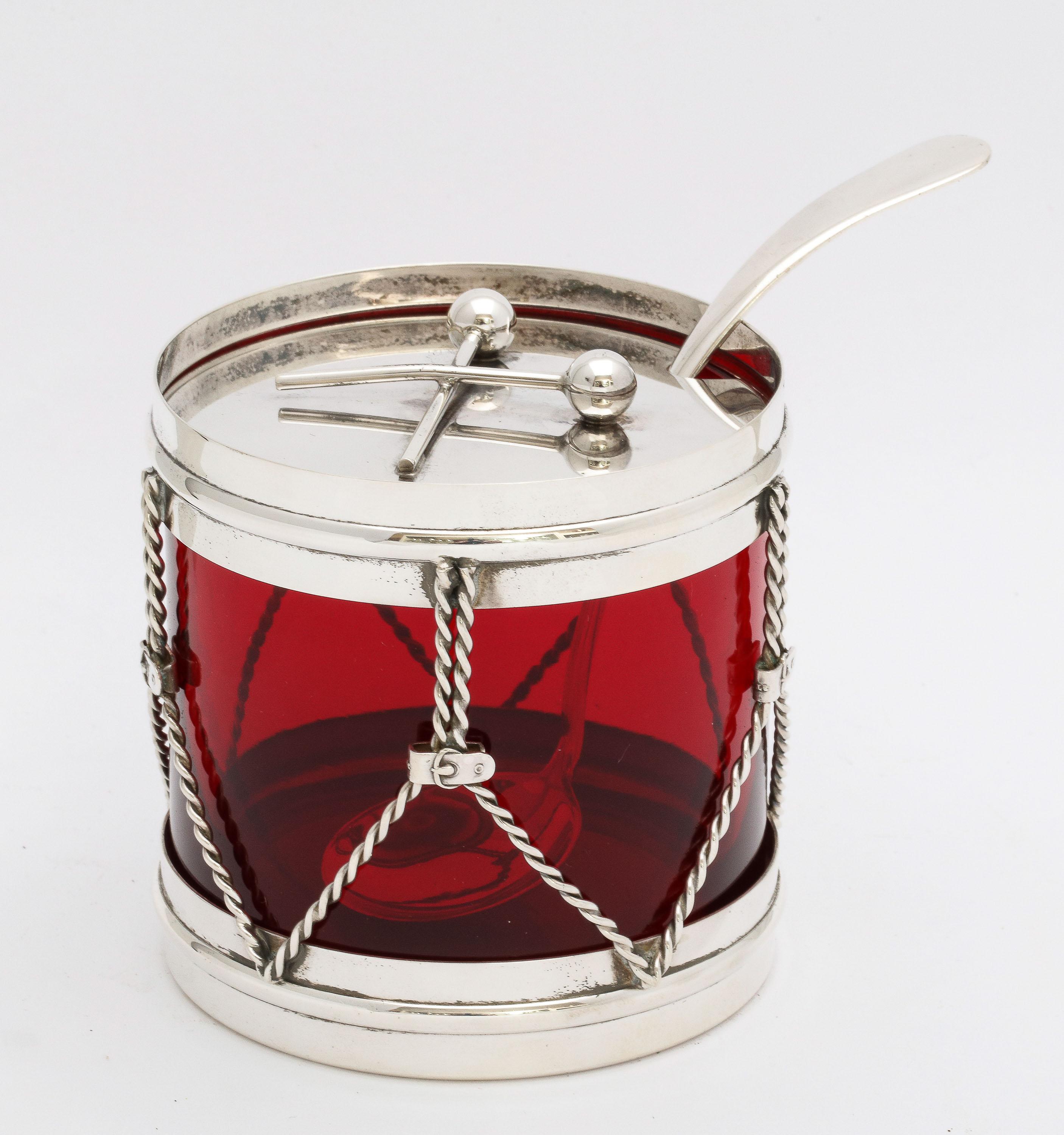 Art Deco Sterling and Ruby Glass Drum-Form Condiments Jar With Original Spoon In Good Condition In New York, NY