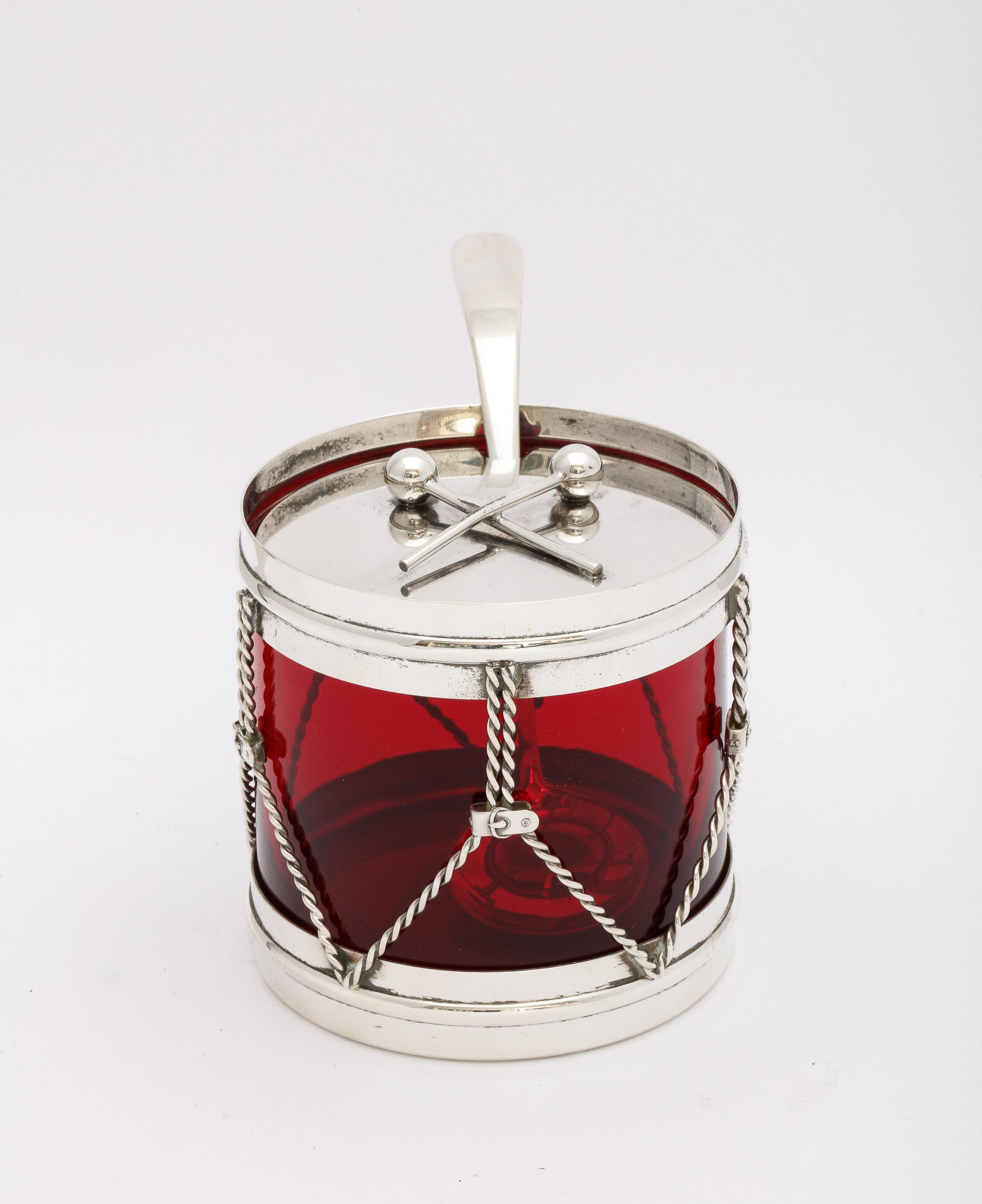 Mid-20th Century Art Deco Sterling and Ruby Glass Drum-Form Condiments Jar With Original Spoon