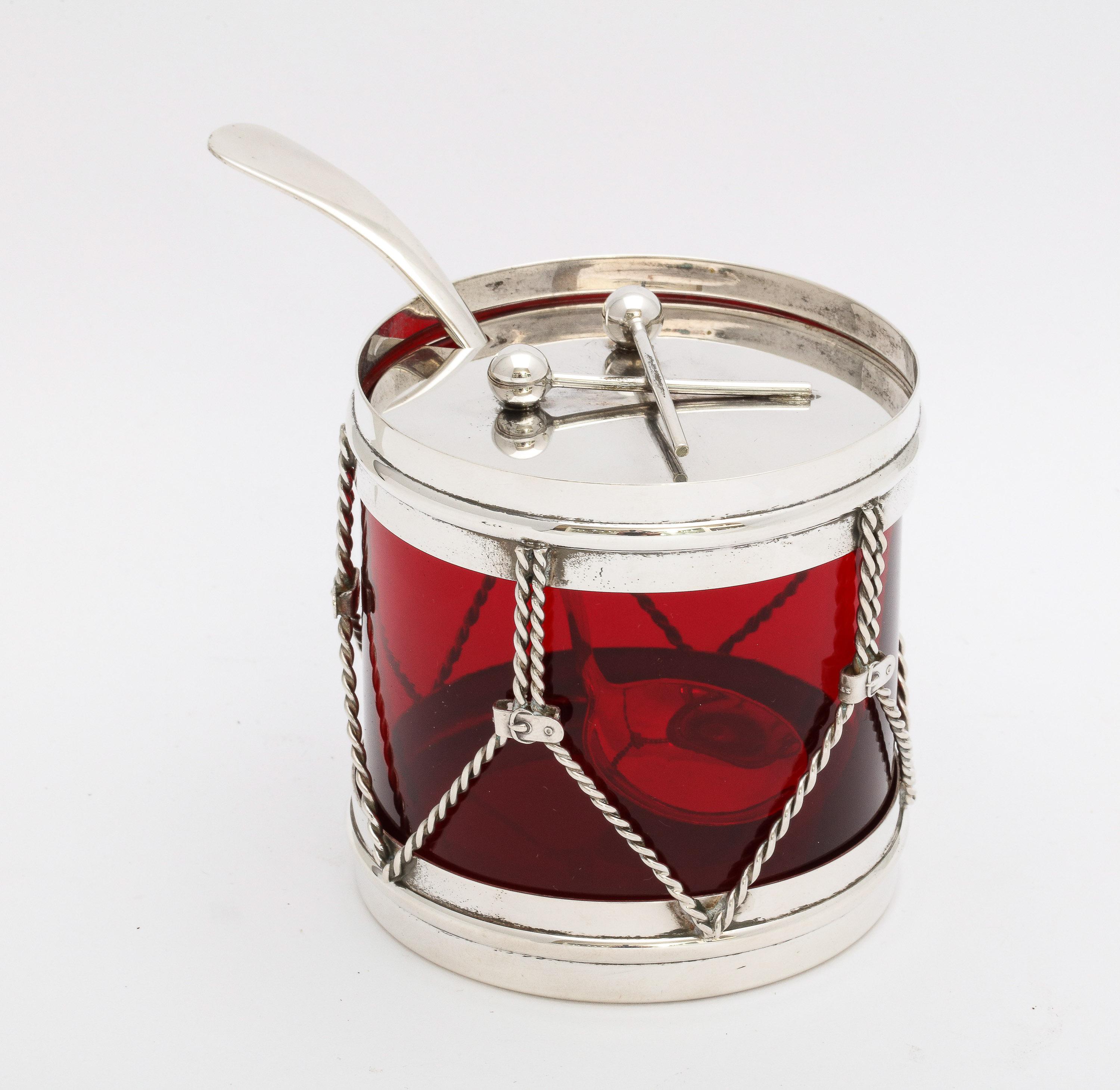 Art Deco Sterling and Ruby Glass Drum-Form Condiments Jar With Original Spoon 1