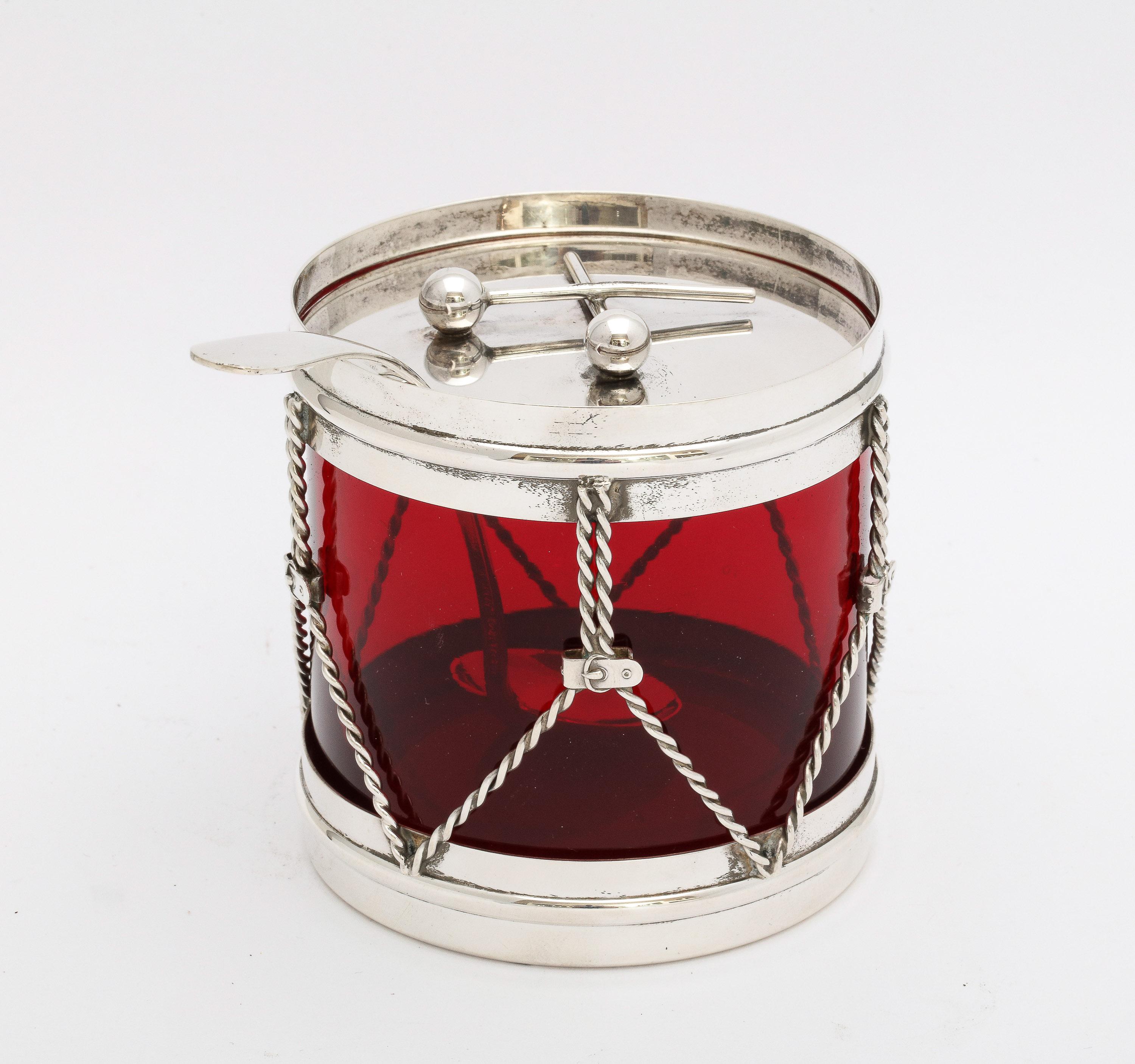 Art Deco Sterling and Ruby Glass Drum-Form Condiments Jar With Original Spoon 2