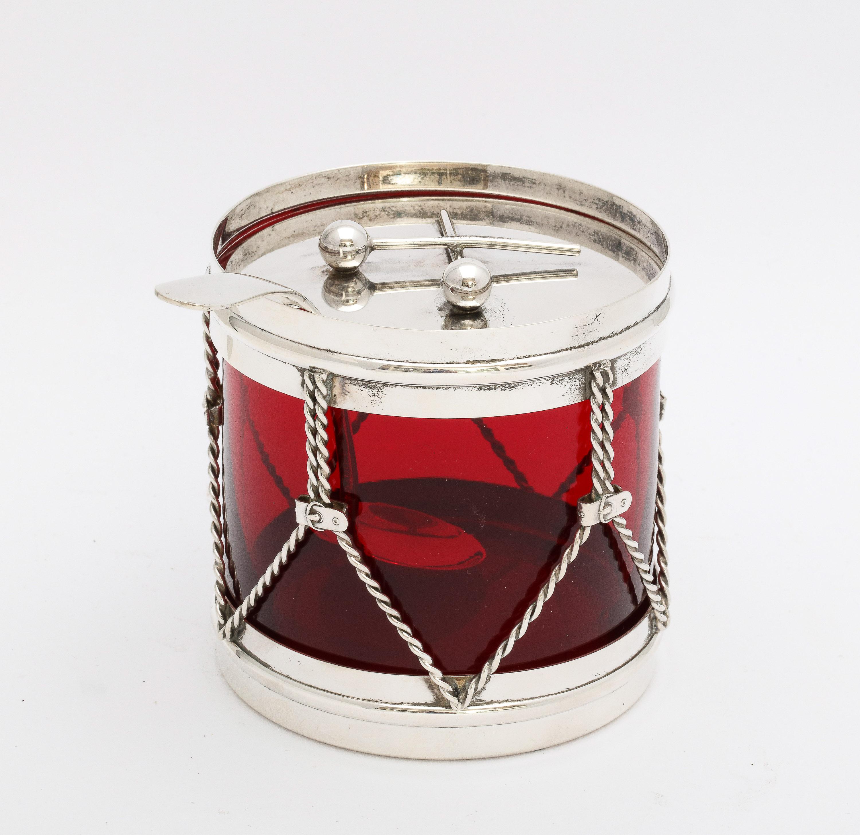 Art Deco Sterling and Ruby Glass Drum-Form Condiments Jar With Original Spoon 3