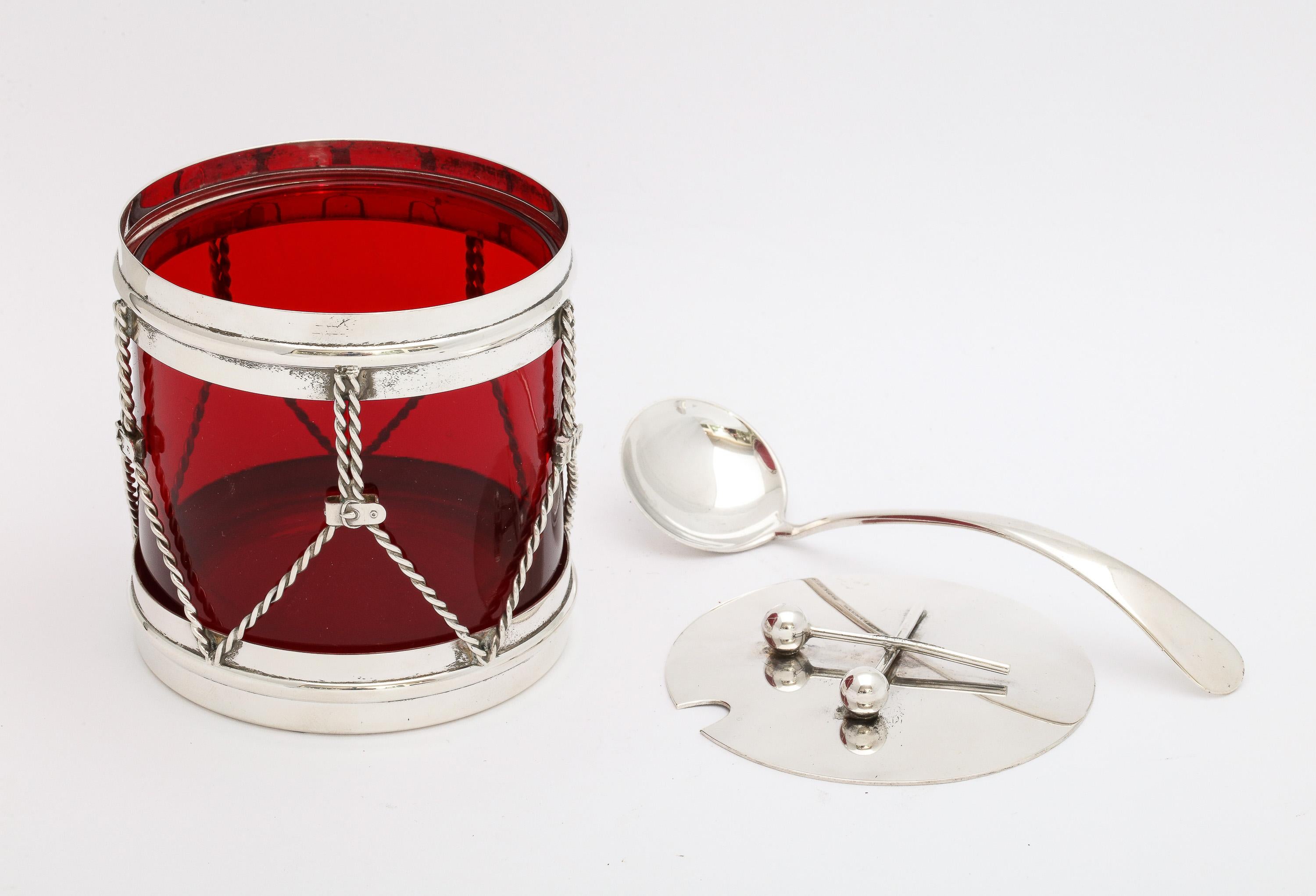 Art Deco Sterling and Ruby Glass Drum-Form Condiments Jar With Original Spoon 4