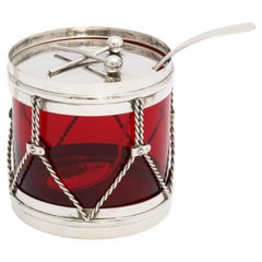 Art Deco Sterling and Ruby Glass Drum-Form Condiments Jar With Original Spoon