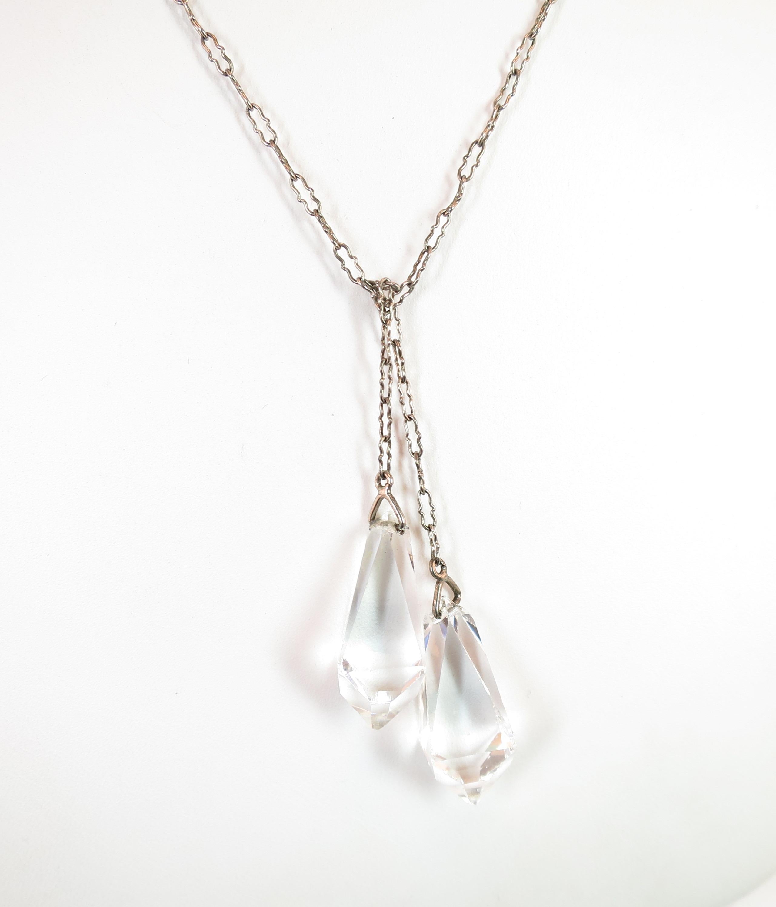 Art Deco Sterling Chain & Cut Crystal Lariat Necklace, 1920s In Good Condition For Sale In Burbank, CA