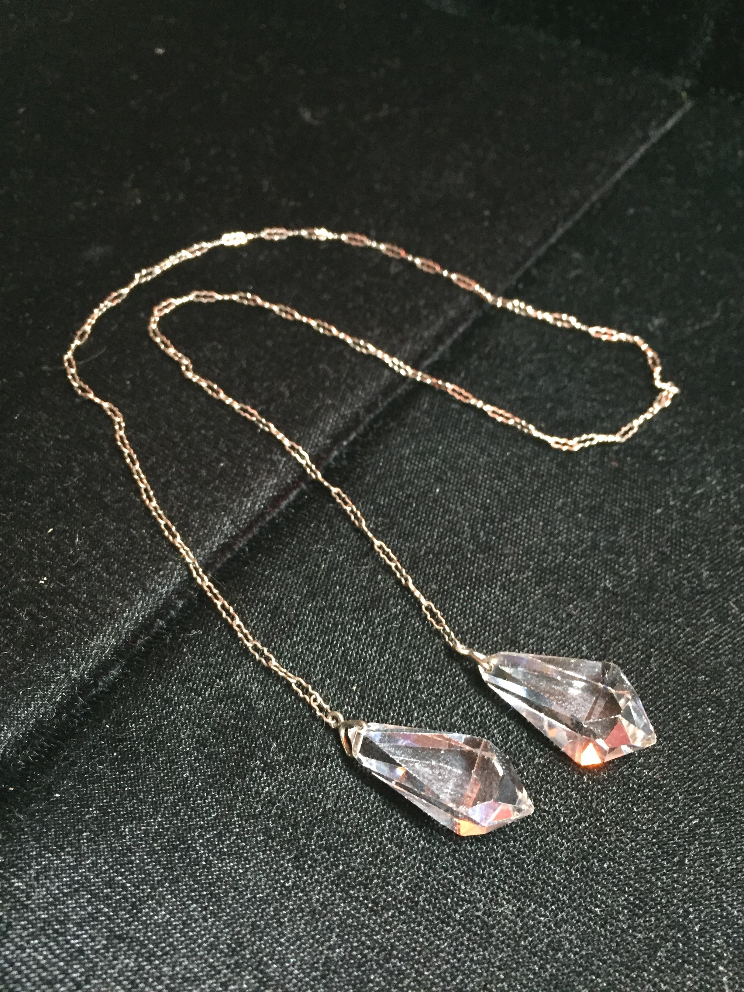Art Deco Sterling Chain & Cut Crystal Lariat Necklace, 1920s For Sale 2