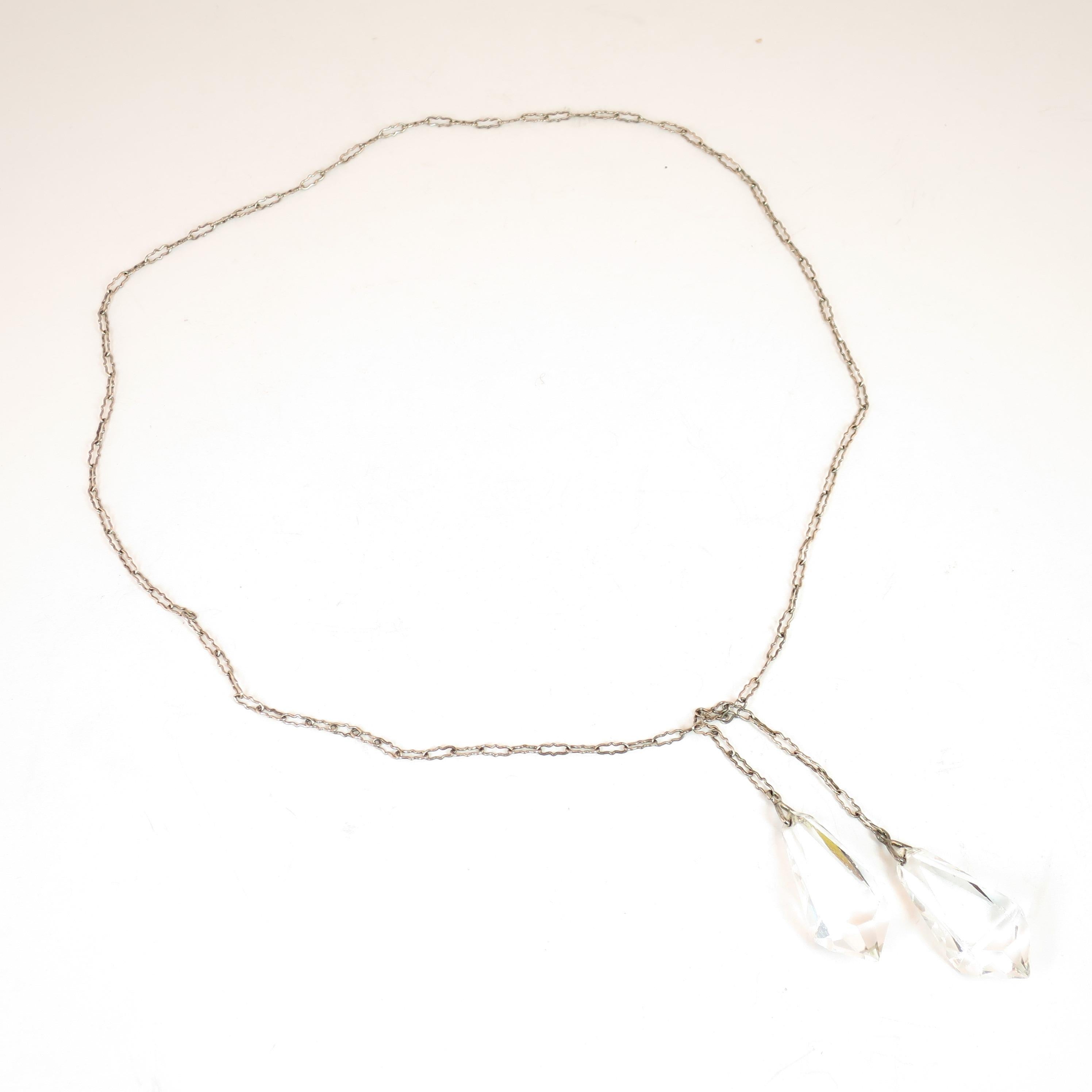 Art Deco Sterling Chain & Cut Crystal Lariat Necklace, 1920s im Angebot 2