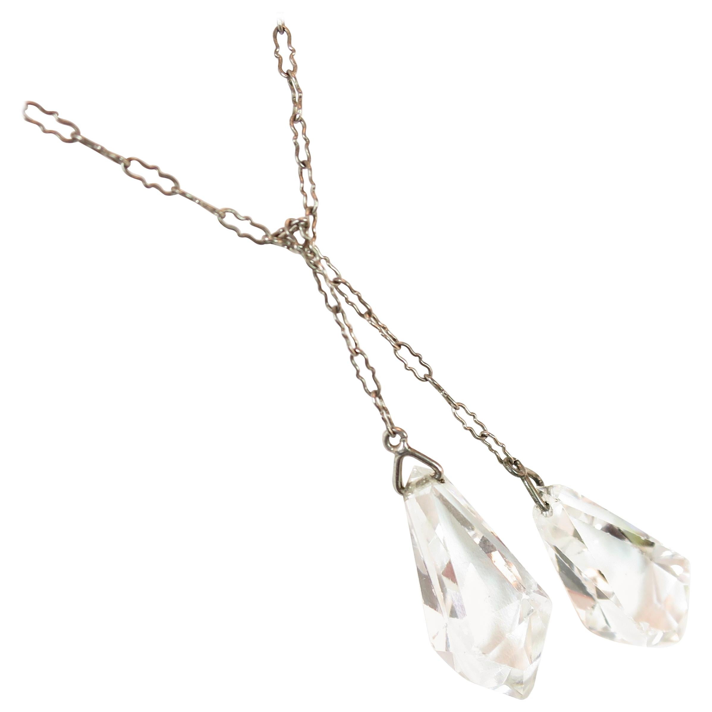 Art Deco Sterling Chain & Cut Crystal Lariat Necklace, 1920s For Sale